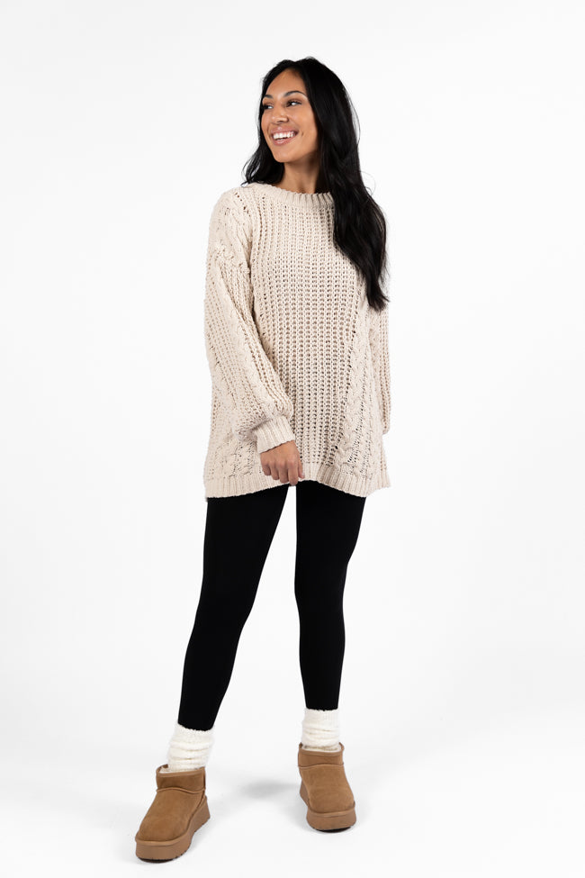 Cozy Beige Chenille Cable Knit Oversized Sweater for Women - Soft & Warm Winter Pullover - Perfect for Casual Outfits, Layering & Cold Weather Fashion
