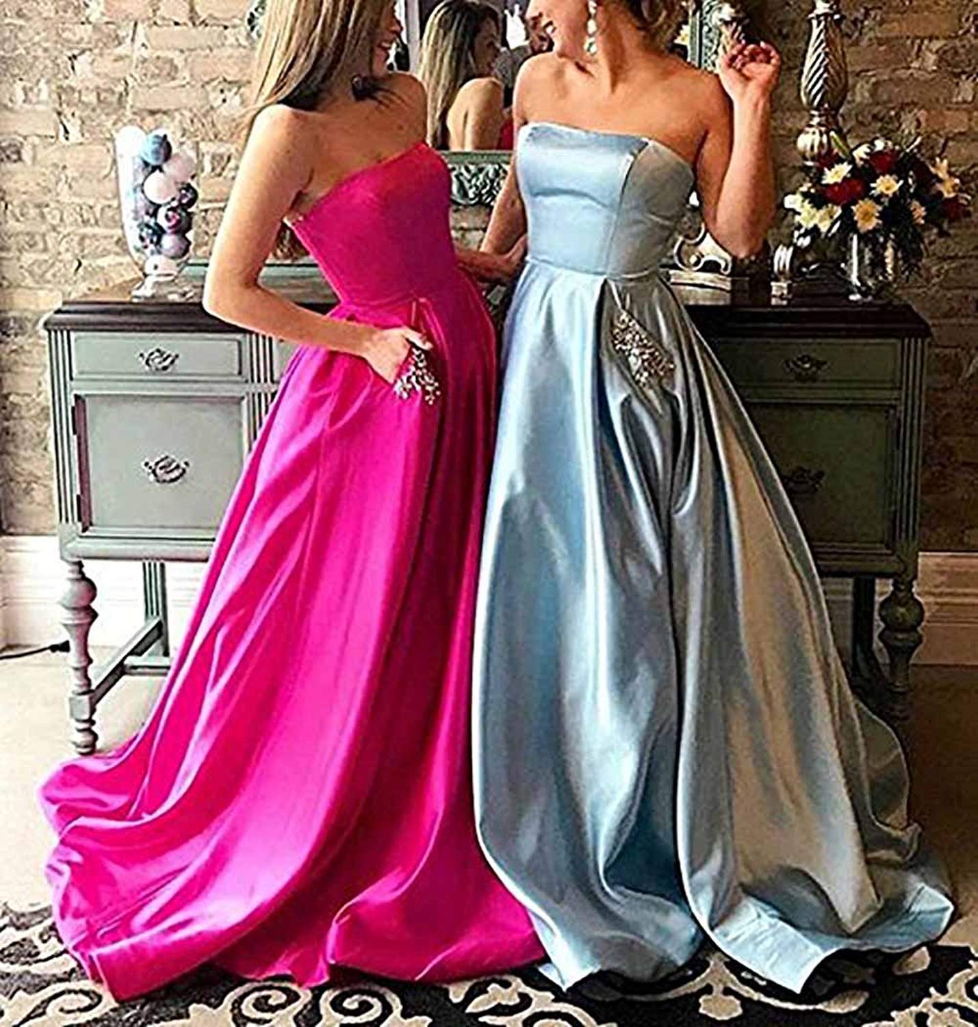 Elegant Strapless Satin Prom Dress for Women - Long Beaded Evening Gown with Pockets | Perfect for Formal Events, Homecoming, Weddings & Special Occasions