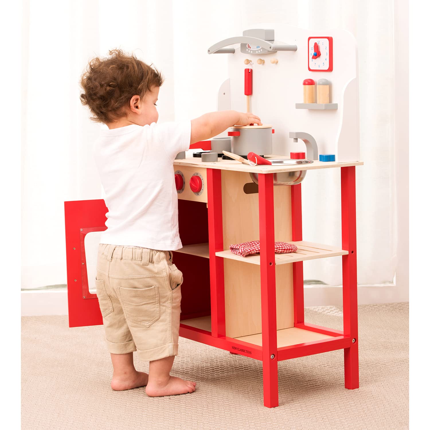 Premium Red Wooden Pretend Play Kitchen Set for Kids - Classic Toy with Role Play Accessories (Bon Appetit Included) | Ideal for Imaginative Play, Birthday Gifts & Preschool Learning (Model 11055)