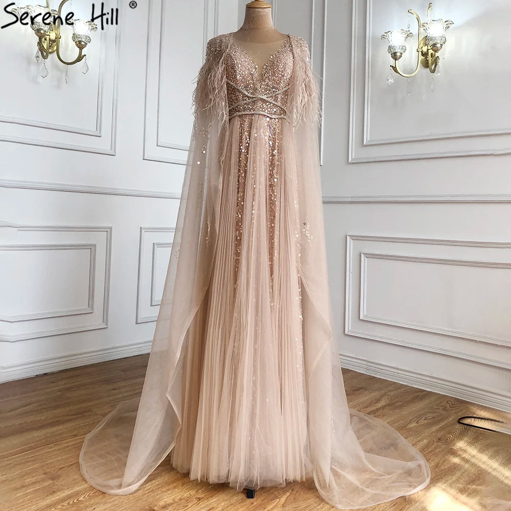 Luxury Dubai Grey Evening Formal Dress with Feather Cape Shawl - Gold Arabic Women's Wedding Party Gown LA70640 | Elegant Long Gown for Special Occasions, Galas & Red Carpet Events