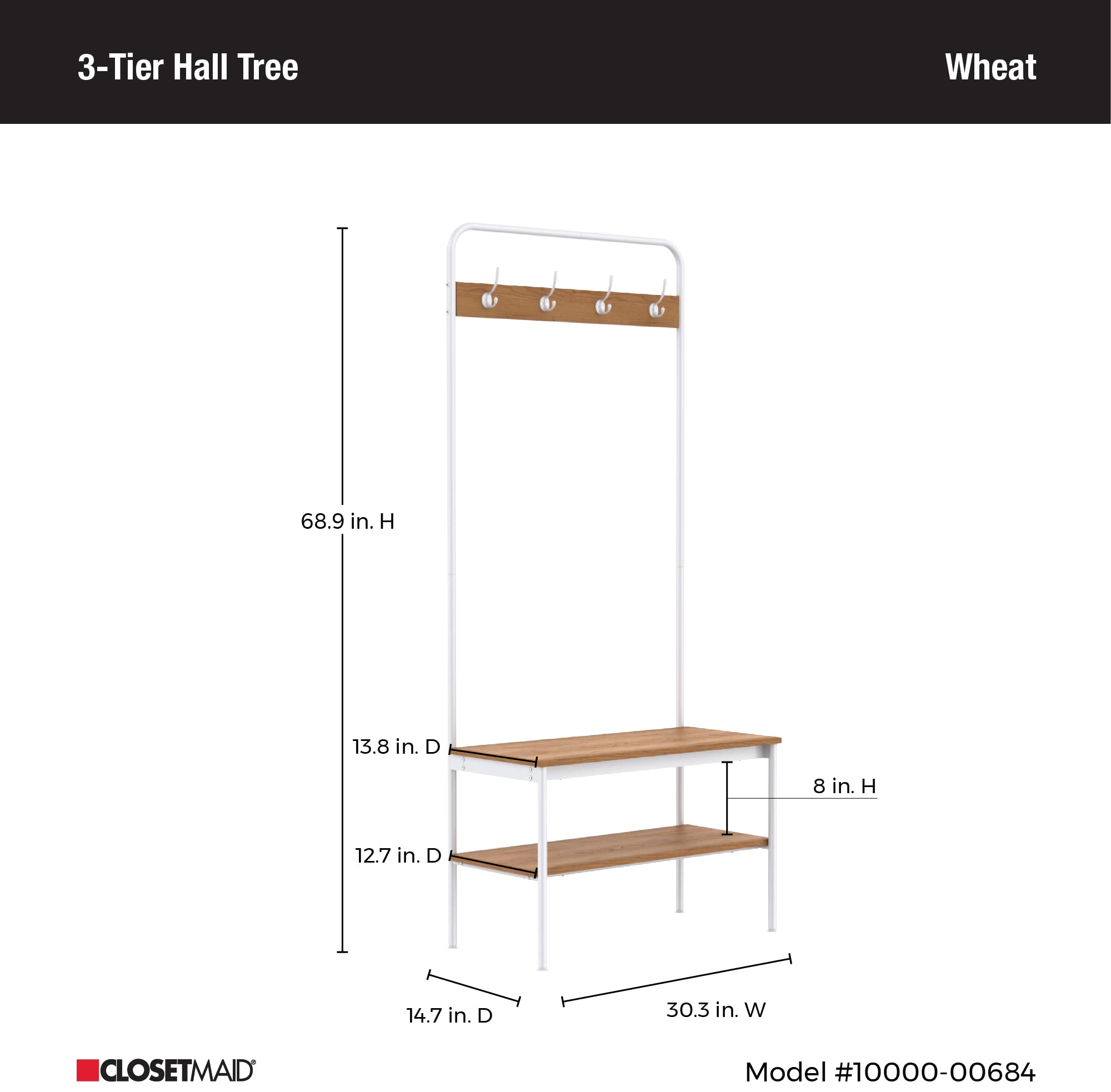 ClosetMaid Hall Tree with Shoe Bench - 4 Hooks & Storage Shelf - Coat Rack for Entryway - Wheat & White Metal - Perfect for Mudroom, Foyer & Home Organization