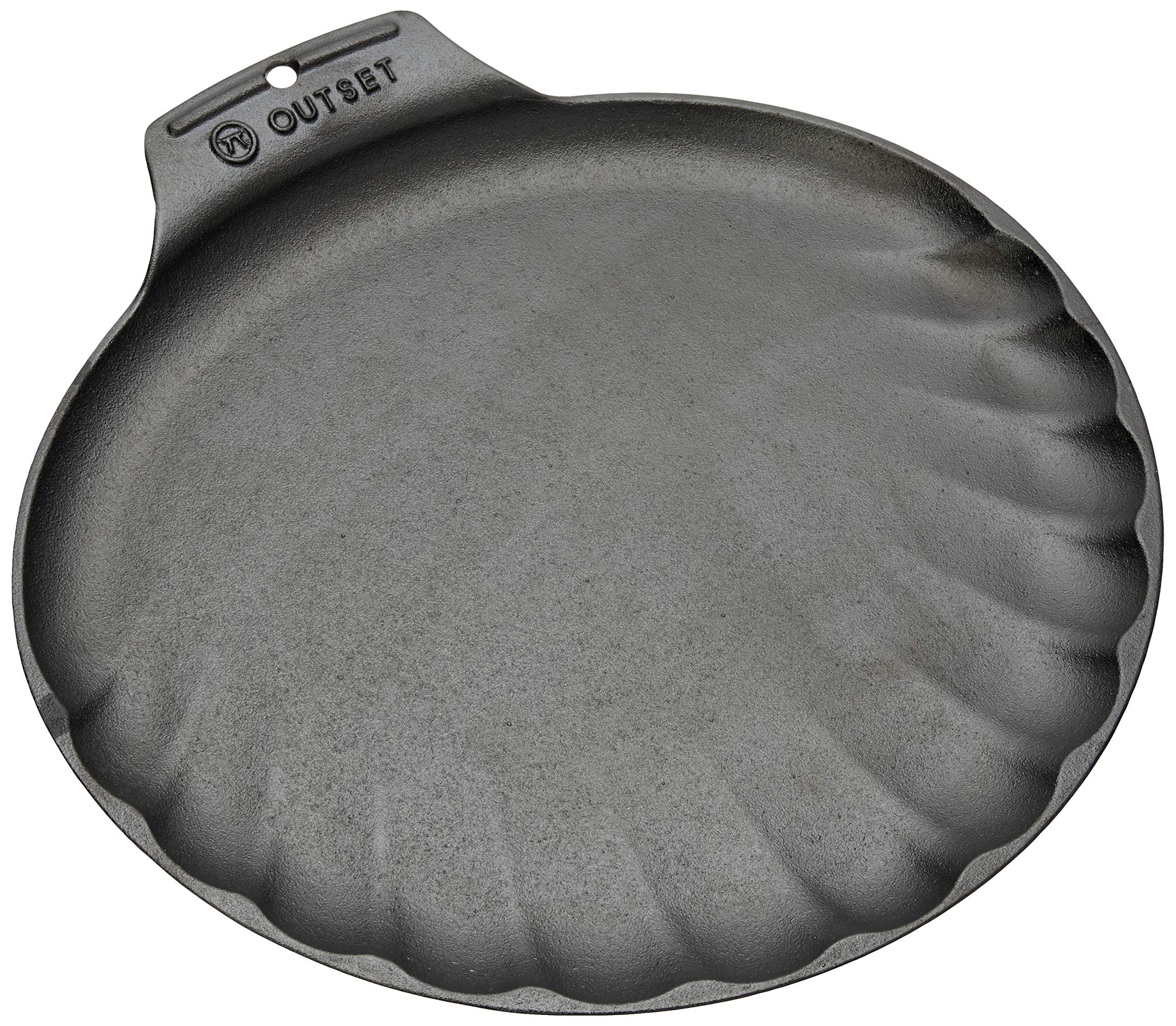 Outset 76378 Scallop Cast Iron Grill and Serving Pan - Black | Heavy Duty Pre-Seasoned Griddle for Steak, Seafood & Vegetables | Perfect for Indoor & Outdoor Cooking, Camping, BBQs & Family Gatherings
