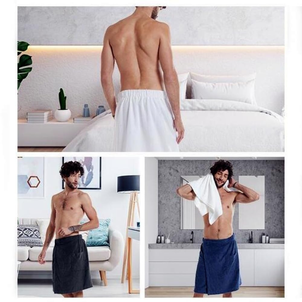 Men's Soft Coral Fleece Bath Wrap Towel - Adjustable & Wearable Bath Towel for Men, XL Size in Black - Perfect for Post-Shower, Spa, Pool & Beach Use