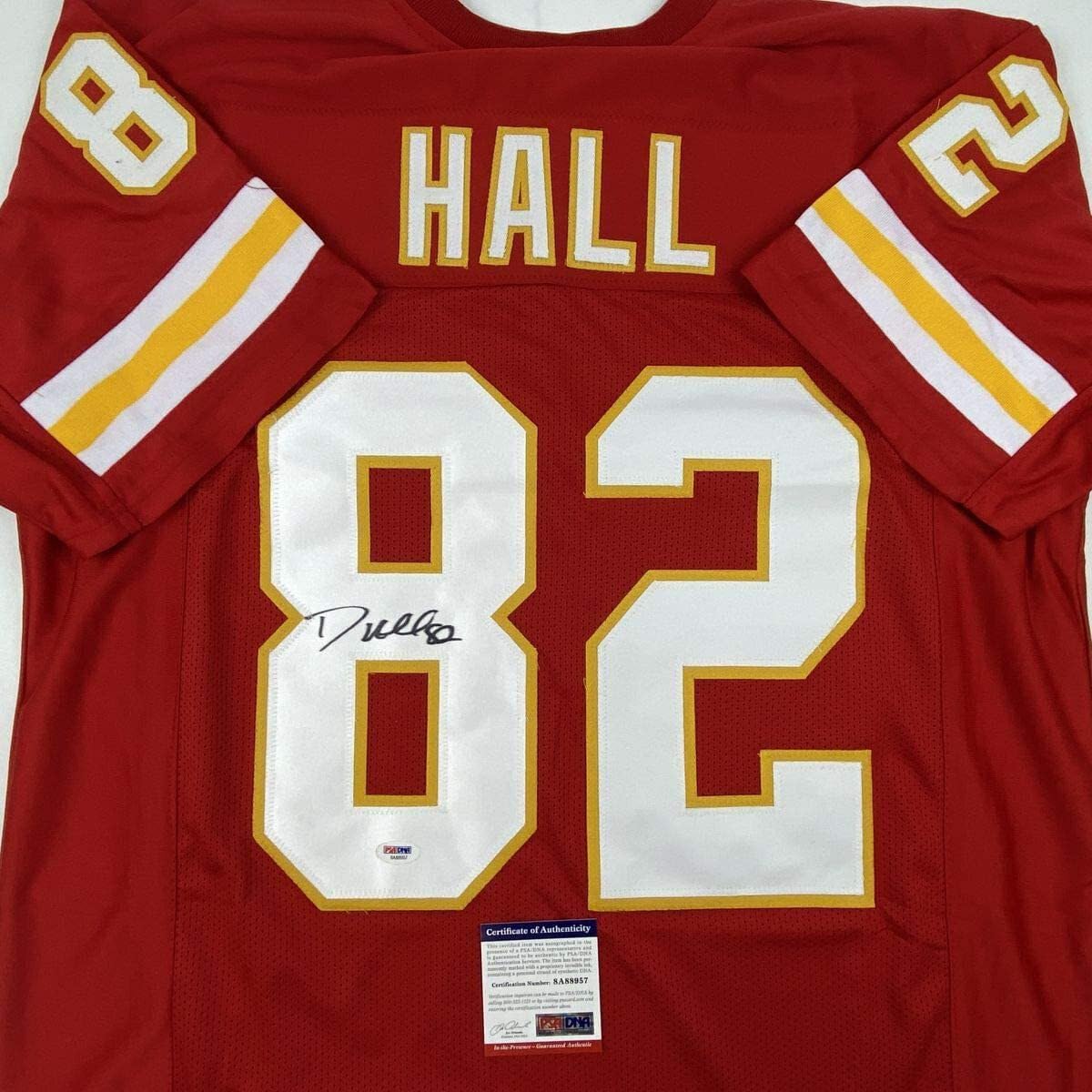 Authentic Autographed Dante Hall Kansas City Chiefs Red Football Jersey with PSA/DNA COA - Perfect for NFL Collectors, Sports Memorabilia Enthusiasts, and Chiefs Fans Display
