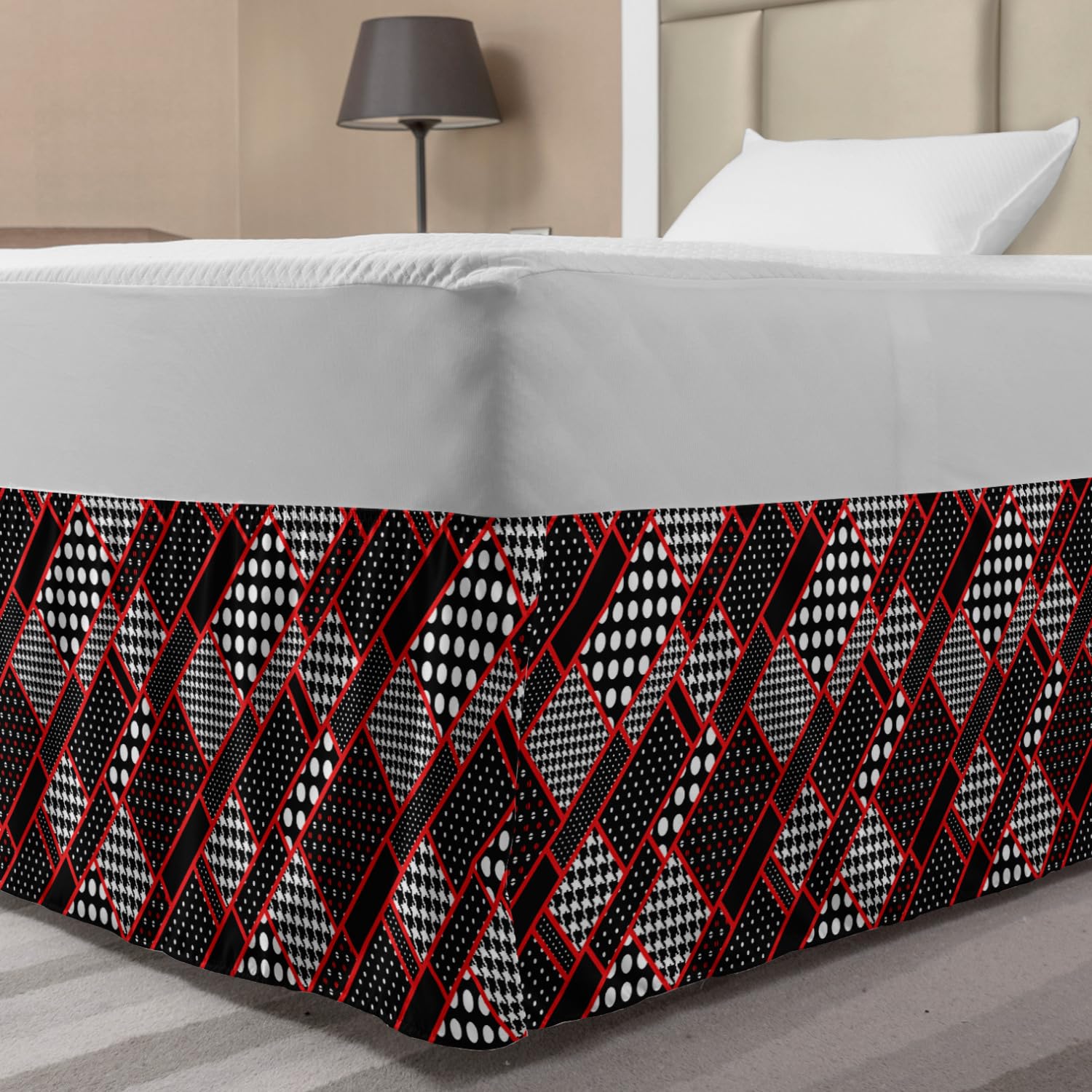 Ambesonne Red and Black Elastic Bed Skirt - Geometric Rectangle Frames Retro Design with Polka Dots & Houndstooth Pattern - Wrap Around Dust Ruffle for Full Size Beds - Perfect for Modern & Vintage Bedroom Decor
