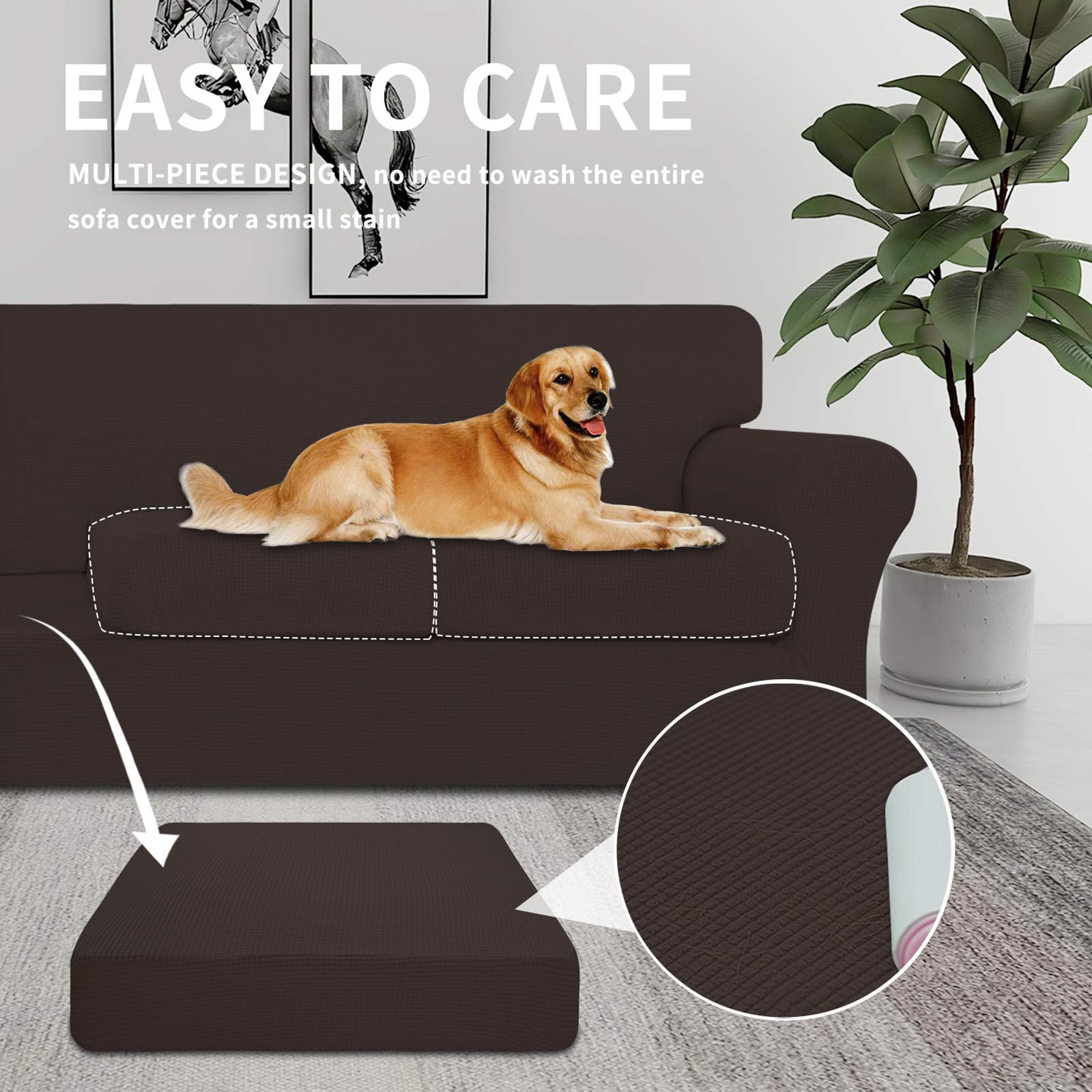 4-Piece Stretch Sofa Cover for Dogs & Pets - Washable Elastic Couch Slipcover Fits 3-Cushion Couches - Spandex Jacquard Fabric Protector for Furniture (Chocolate) - Perfect for Pet Owners & Families with Kids