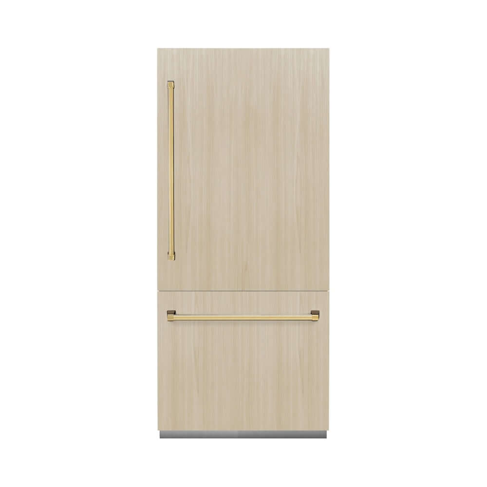 ZLINE Autograph Edition 36 Inch Panel Ready Built-In Bottom Freezer Refrigerator - 19.8 cu. ft. Capacity with Water Dispenser & Ice Maker - Polished Gold Accents (RBITZ 36 G) - Perfect for Modern Kitchens and Luxury Homes