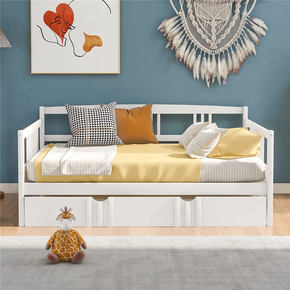 Kids Daybed Sofa Bed with Pull-Out Trundle - White Pinewood Bed Frame with Guardrails & Wood Slats - Space-Saving Furniture for Small Rooms, Guest Bed or Kids Bedroom - Full Size Convertible Sleeper with Wheels