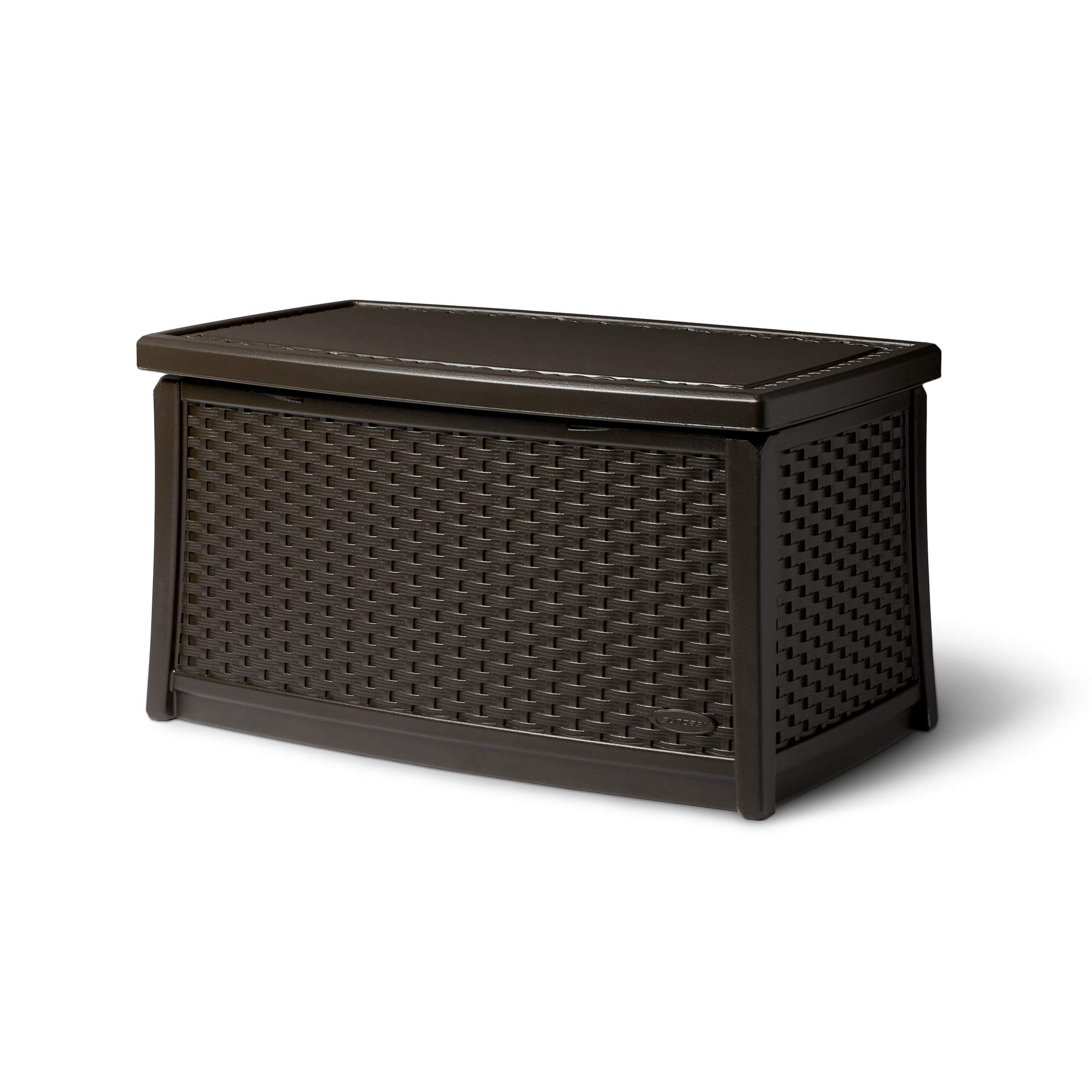 Suncast 30 Gallon Resin Outdoor Patio End Table with Storage - Weatherproof Java Brown Deck Box for Cushions, Pillows & Garden Tools - Perfect for Backyard, Poolside & Patio Furniture Organization