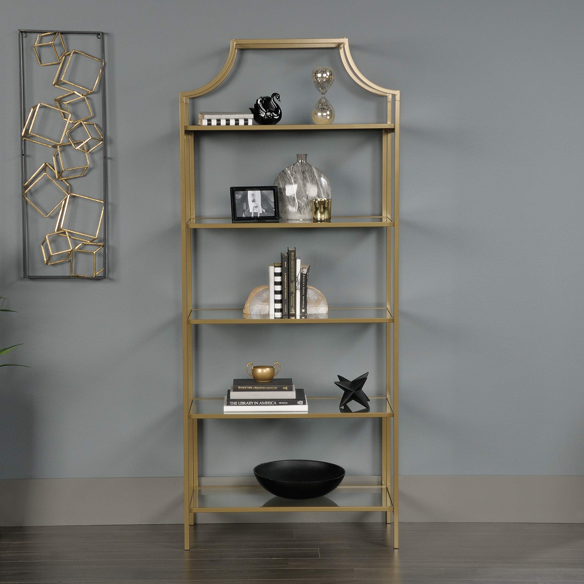 Sauder 424974 Curiod Bookcase in Satin Gold Finish - Modern Bookshelf for Living Room, Bedroom & Office Storage