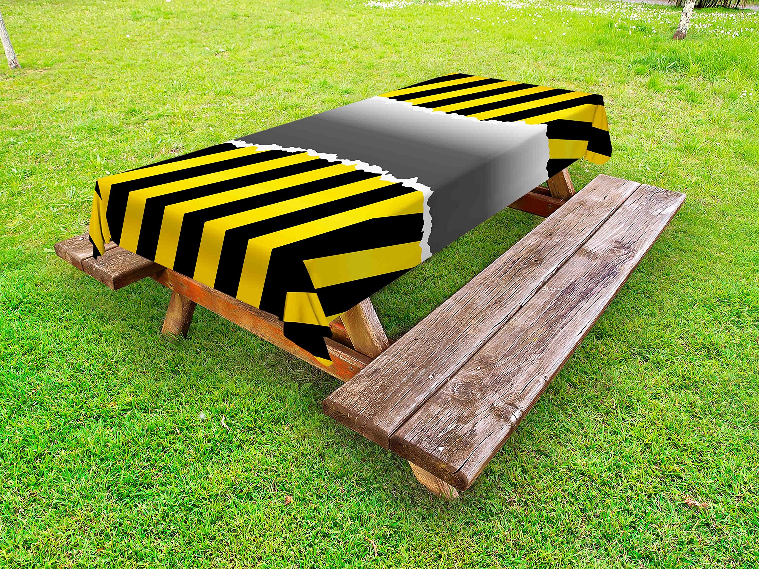 Ambesonne Construction Themed Outdoor Tablecloth - Ripped Sign Work Site Danger Hazard Progress Caution Urban Design - Waterproof Washable Picnic Table Cover 58x84 Inches Yellow Black Grey - Perfect for Construction Parties, Job Site BBQs & Industrial Decor