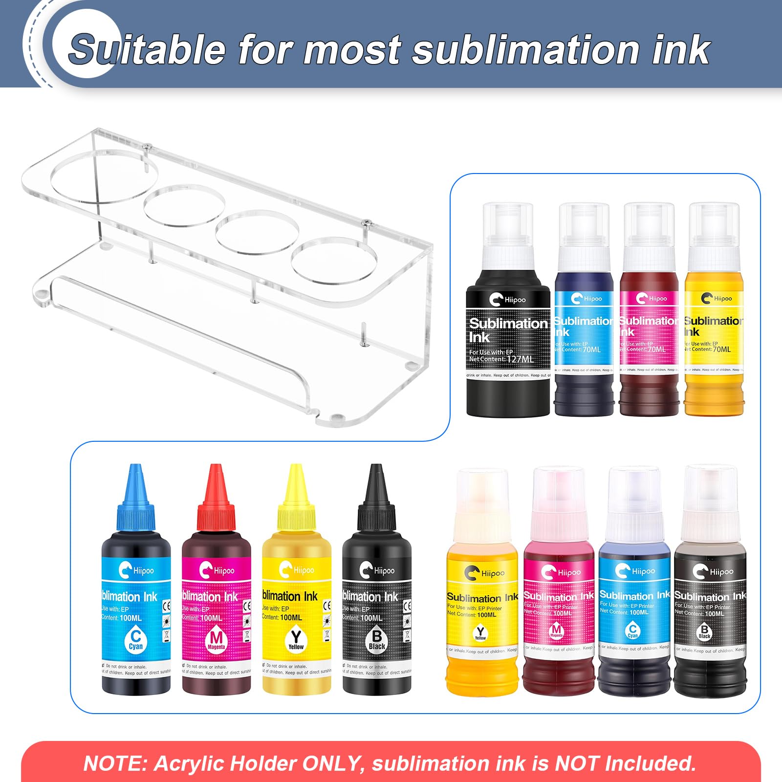 Acrylic Sublimation Ink Bottle Stand Holder - 4-Bottle Storage Organizer for EPSON, HP, Canon Ink Bottles - Anti-Tipping Design (Clear) - Perfect for Sublimation Printing & Craft Workspaces
