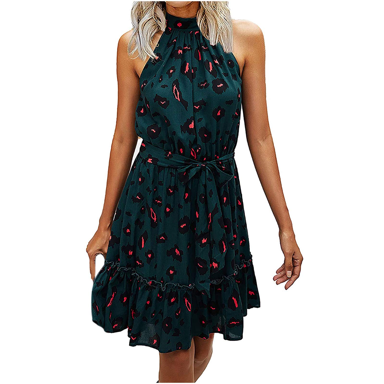ONHUON Women's Summer Sleeveless Floral Print Pleated Mini Dress - Beach Cover Up, Vacation Outfit, Casual Sundress for Outdoor Parties & Date Nights