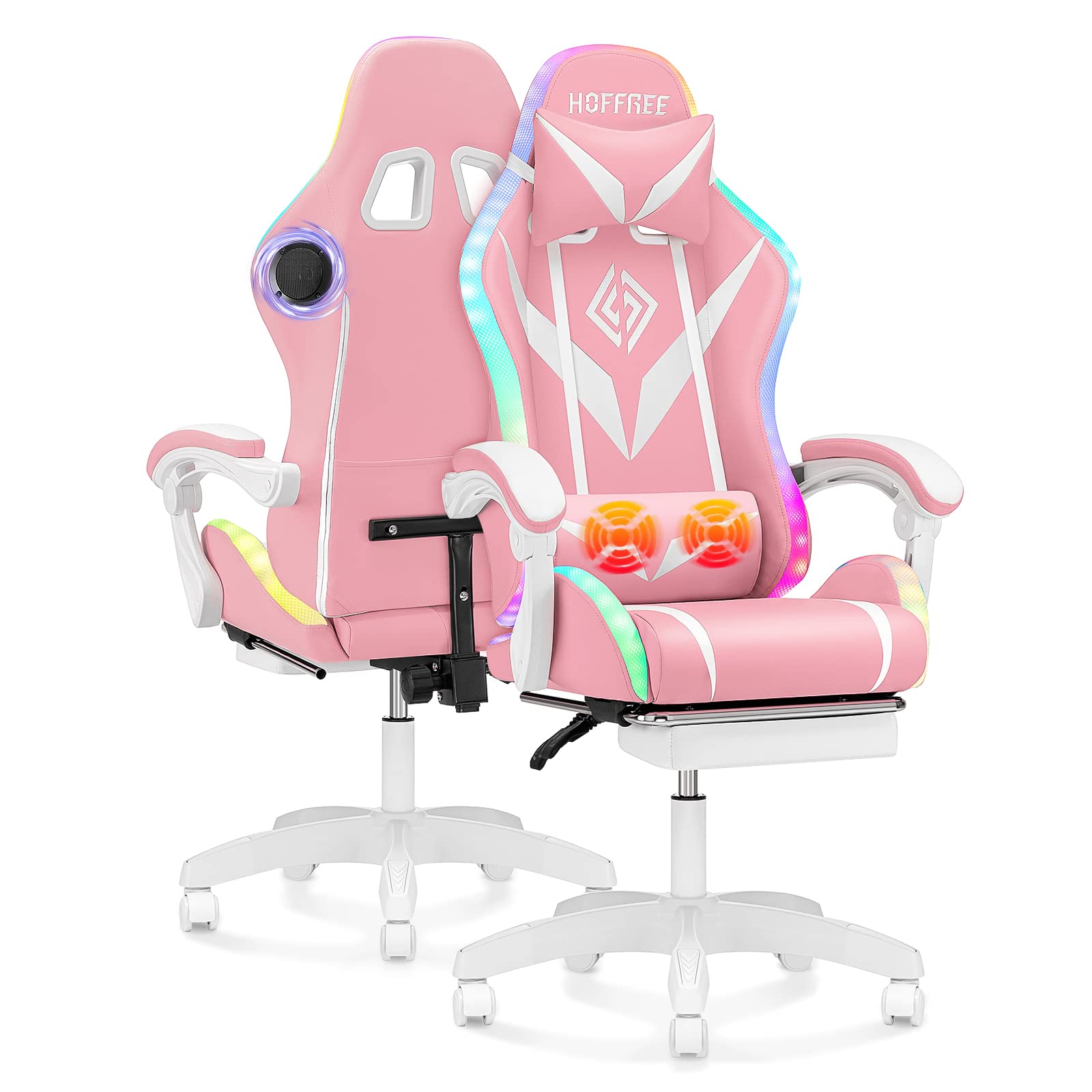 Pink Ergonomic Gaming Chair with Bluetooth Speakers, RGB LED Lights, Massage & Footrest - High Back Lumbar Support for PC, Video Game & Office Use - Perfect for Streaming, Esports & Home Gaming Setup