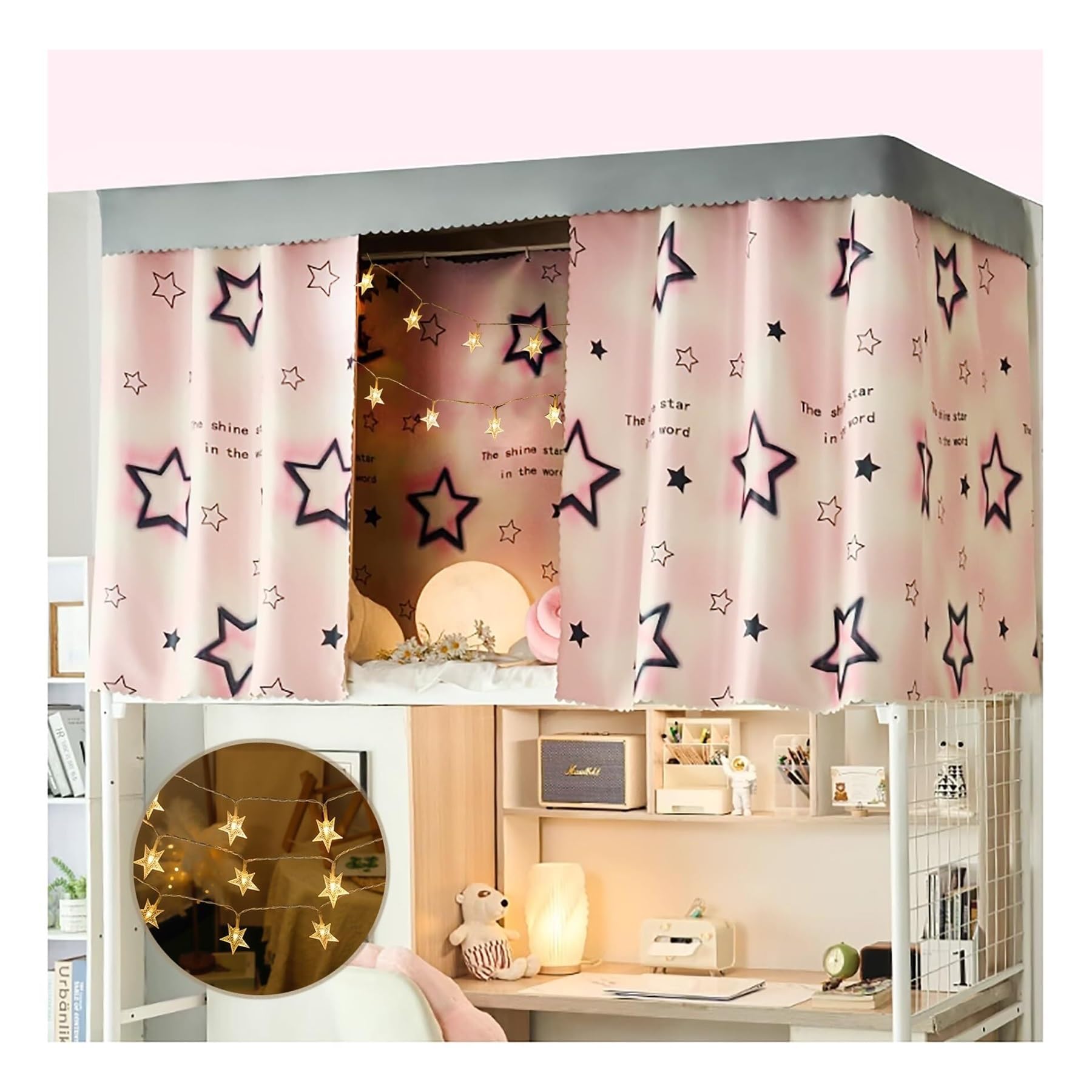 Pink Bunk Bed Curtains for Privacy & Shading - Twin Top Bunk Bed Tent Canopy with Frame Post Poles - Dorm Room & Kids Bedroom Privacy Solution for Sleep & Study