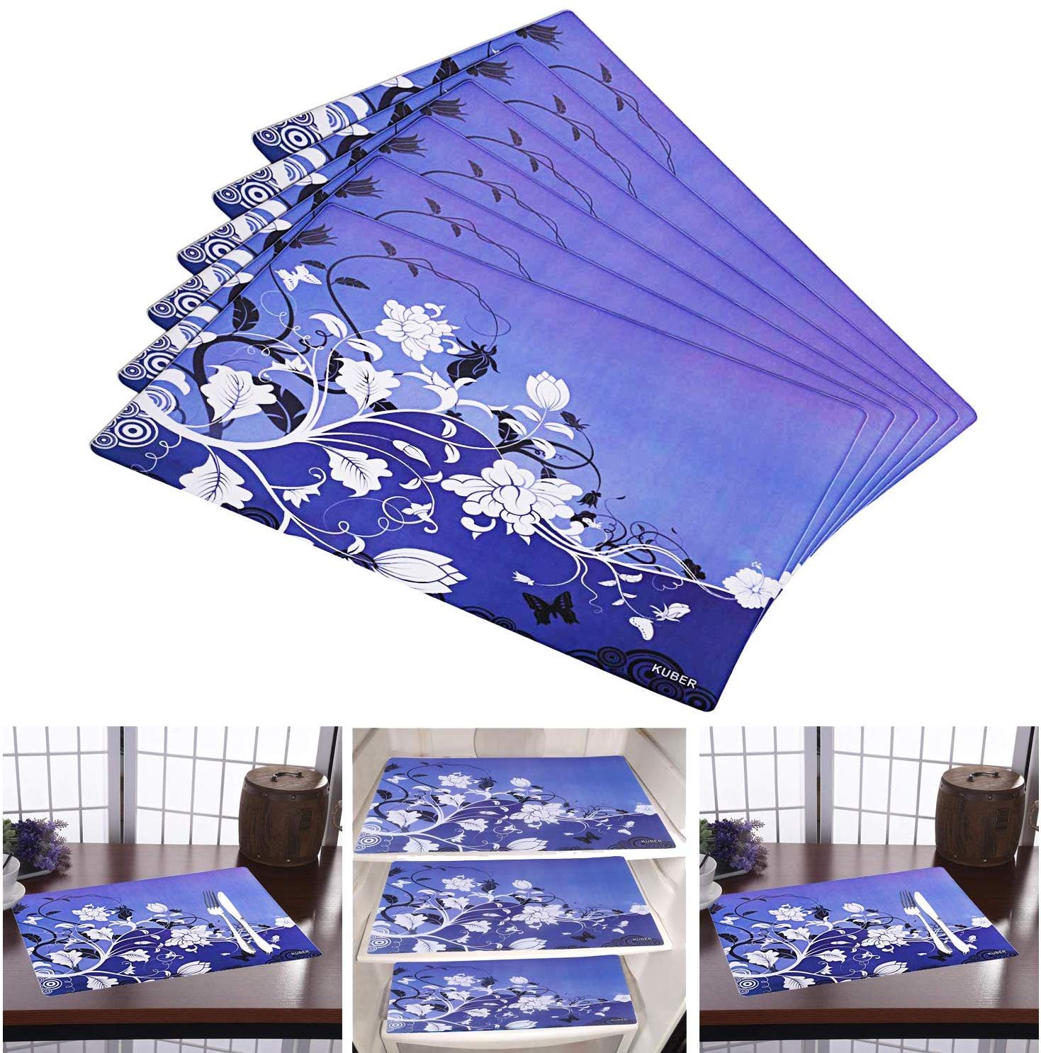Kuber Industries 6-Piece PVC Refrigerator Drawer Liners Set - Flower Design, Non-Slip Fridge Mats (Blue) - Perfect for Organizing Fruits, Vegetables & Food Storage - CTKTC32682