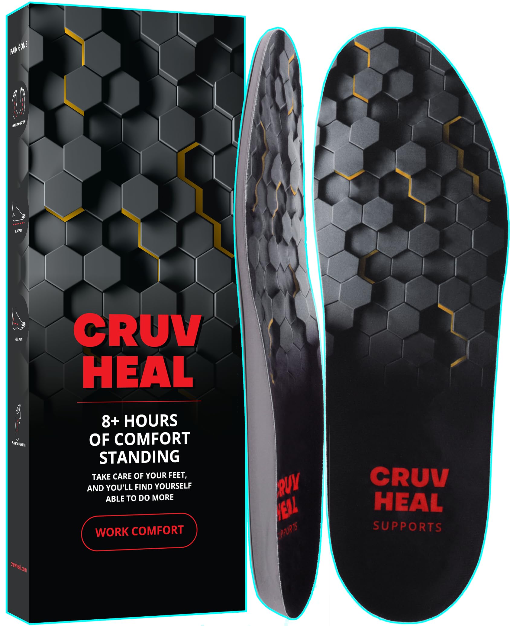 Premium Orthotic Insoles for Work Boots - Anti Fatigue & Shock Absorption Shoe Inserts for Men & Women - Low Arch Support & Foot Pain Relief (Black Hexagon Design, Medium) - Ideal for Construction, Nursing & Long Standing Jobs