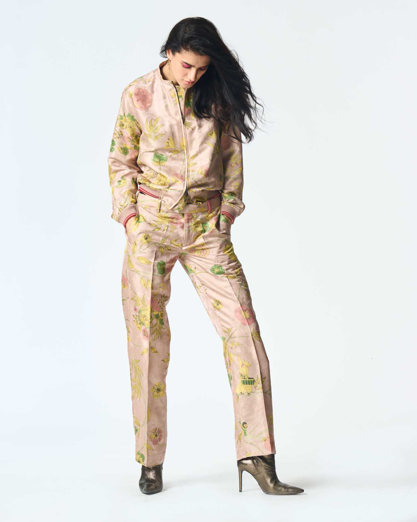 Champagne Pink Silk Damask Straight Fit Trousers for Women - Elegant Formal Pants for Office, Evening Events & Special Occasions