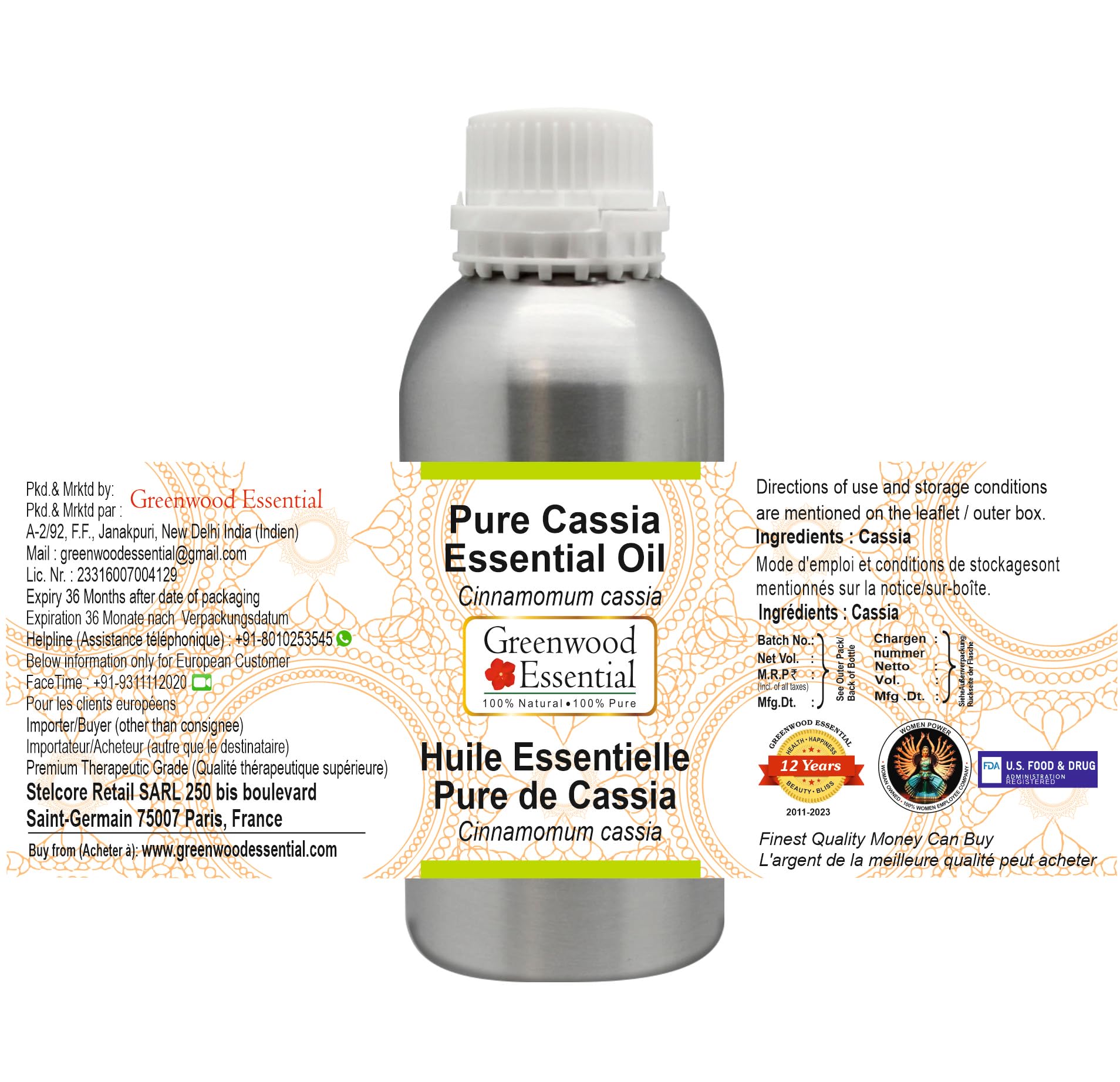 Pure Cassia Essential Oil (Cinnamomum Cassia) Steam Distilled 1250ml (42.2 oz) - 100% Natural Aromatherapy Oil for Diffusers, Massage & DIY Skincare