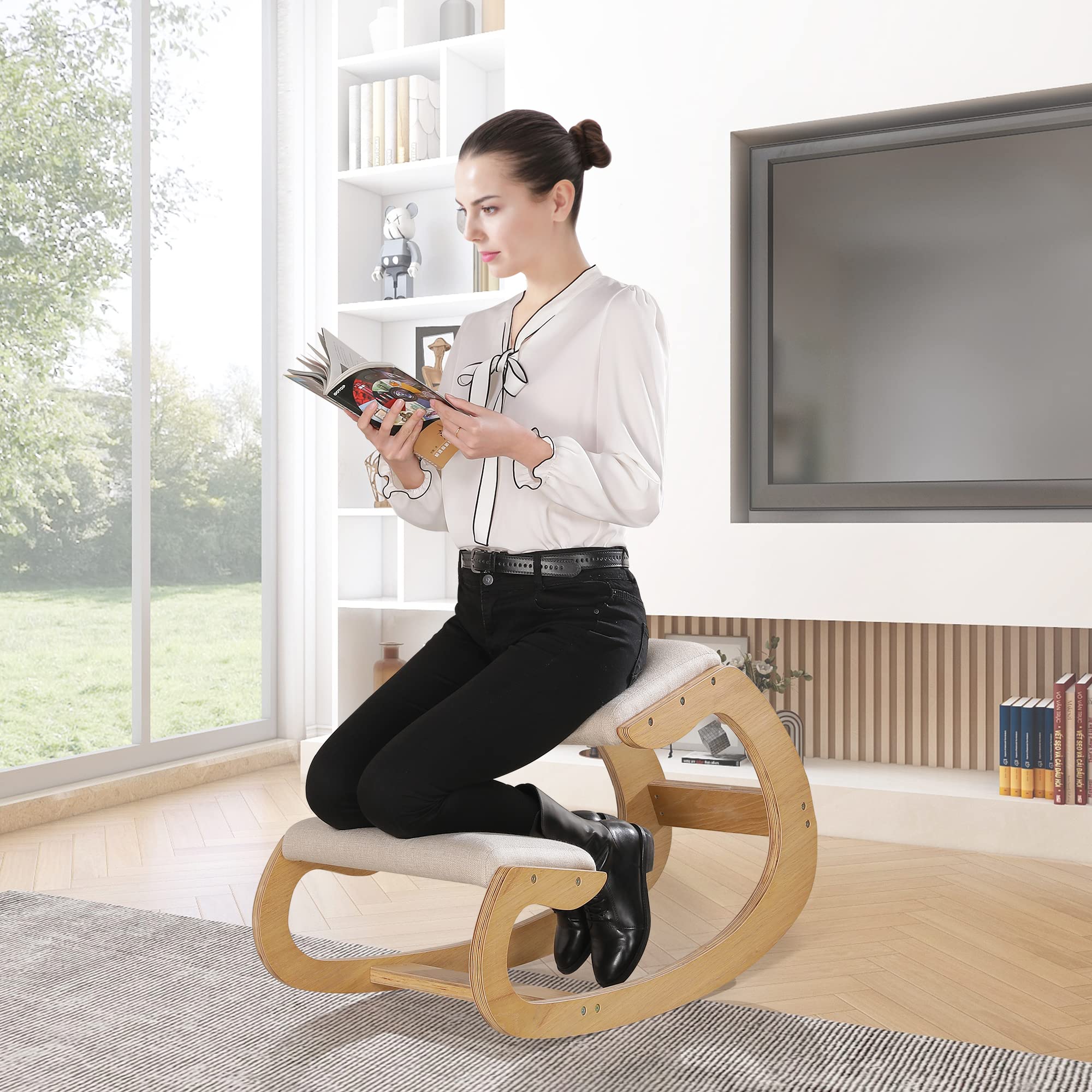 Ergonomic Kneeling Chair for Home Office - Adjustable Rocking Stool with Wooden Frame & Linen Cushion - Posture Corrector for Back & Neck Pain Relief - White Oak - Perfect for Meditation, Reading & Desk Work
