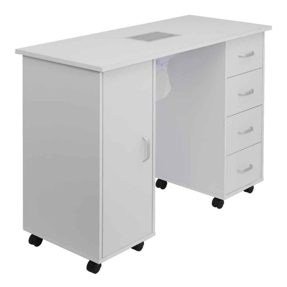 Professional Manicure Table with Downdraft Ventilation - Nail Tech Station with 4 Removable Drawers, 2-Tier Storage Cabinet & Lockable Wheels | Perfect for Salon, Spa & Home Nail Art Studio