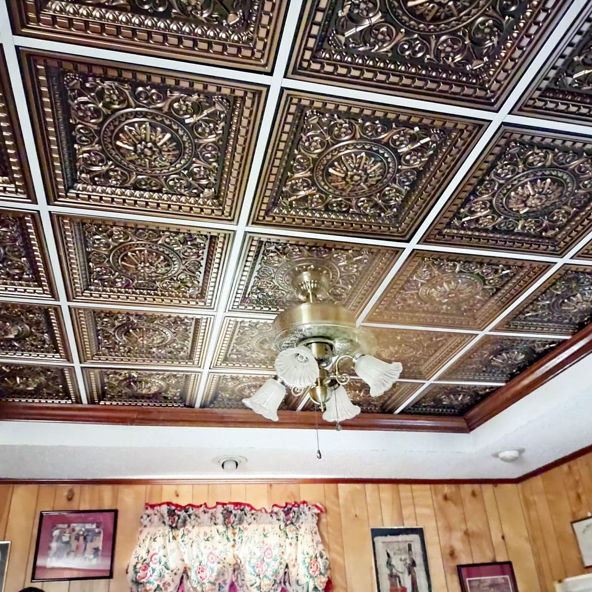 215 Da Vinci PVC 2' x 2' Lay-in Ceiling Tiles (10-Pack, Covers 40 sq.ft) - Antique Copper Finish for Home & Office Decoration - Easy Drop-In Installation for Suspended Grid Ceilings