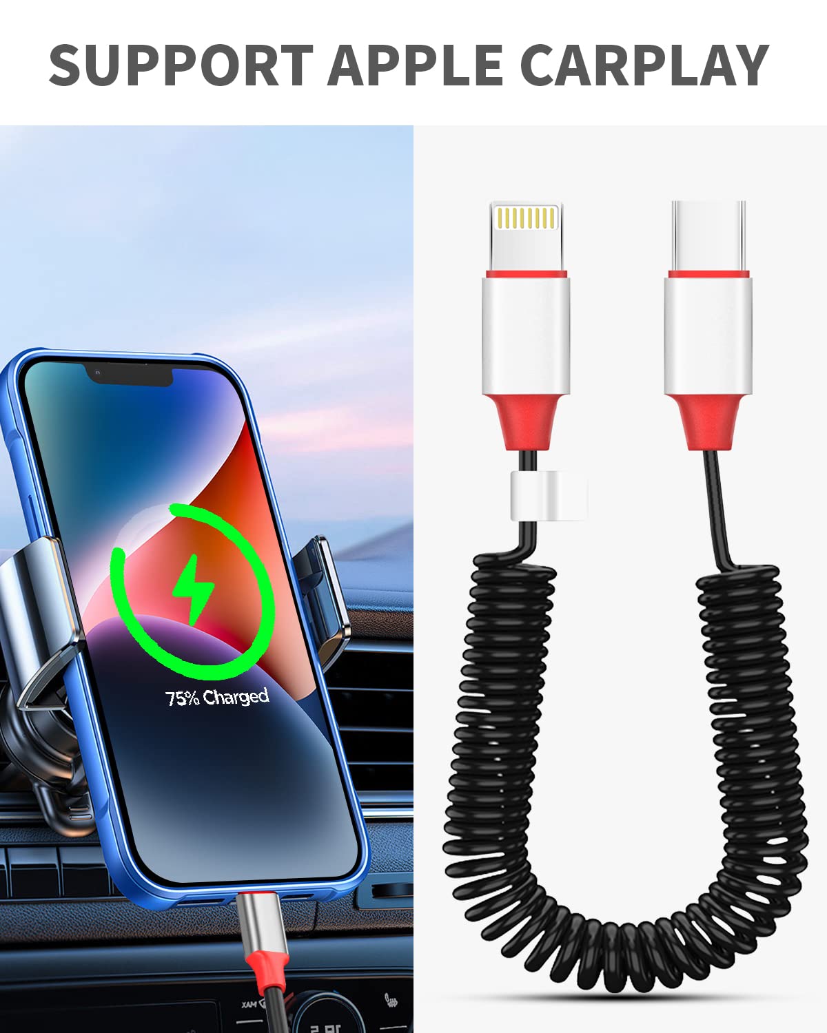 Premium AICase Coiled USB-C to Lightning Cable for Apple CarPlay - Durable Expansion Spring Design, Fast PD Charging Compatible with iPhone 14/13/12/11/X/8 Plus & AirPods Pro - Perfect for Car, Home & Office Use
