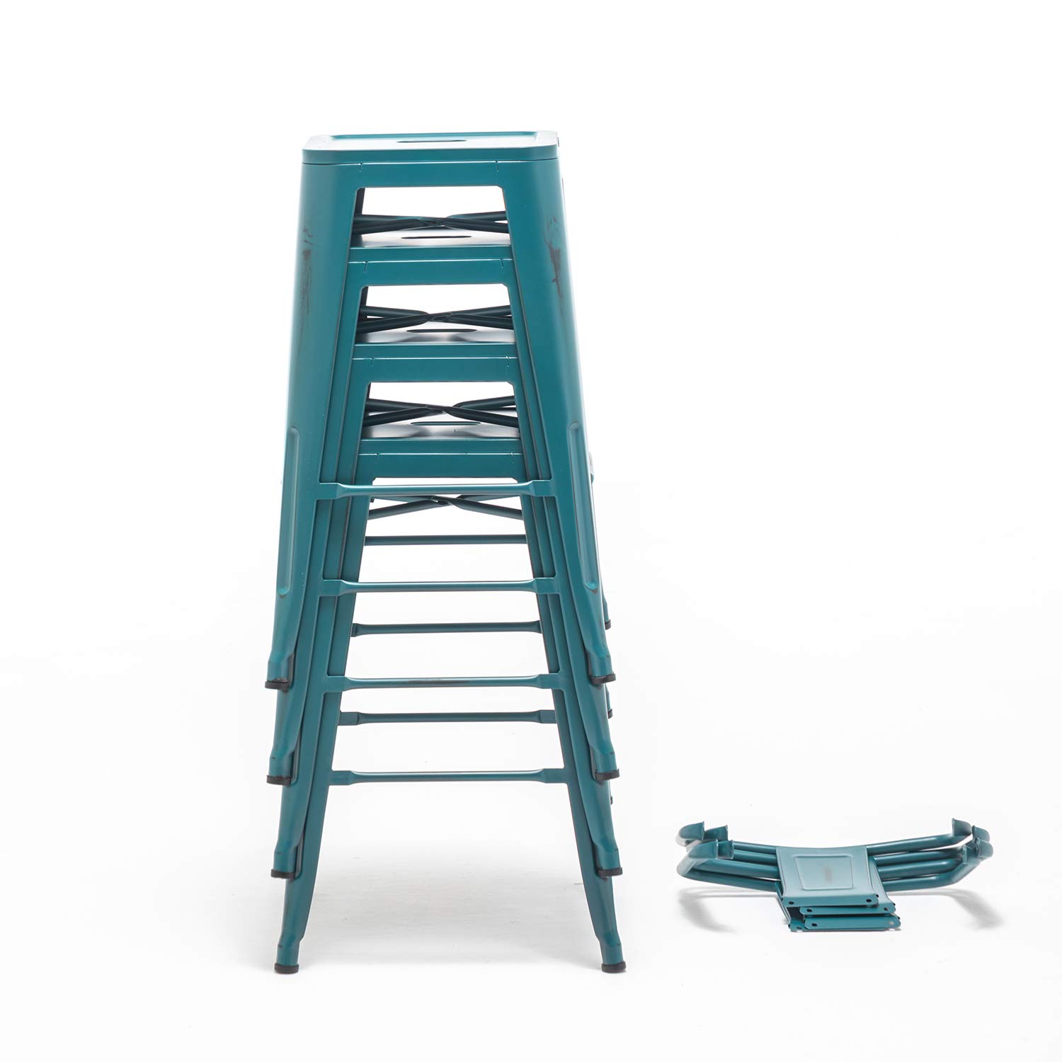 **Aklaus Industrial Metal Bar Stools Set of 4 - 30 Inch Bar Height Stools with Back, Distressed Teal Blue - Modern Kitchen & Dining Chairs for Indoor & Outdoor Use - Perfect for Home Bars, Restaurants, and Patios**