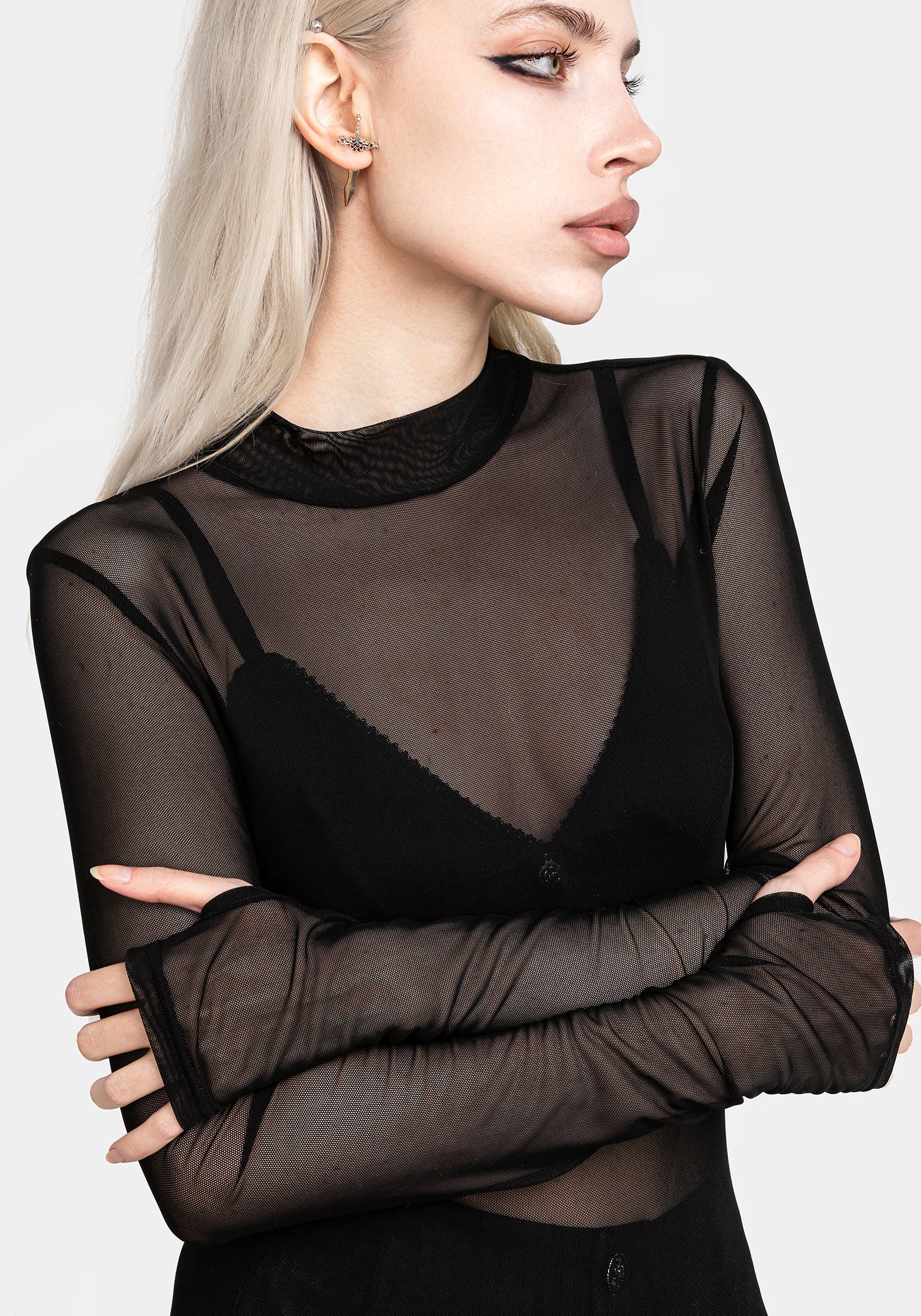 Gothic Mesh Top for Women - High Neck Long Sleeve Lace Blouse | Perfect for Halloween, Cosplay, and Dark Fashion Outfits