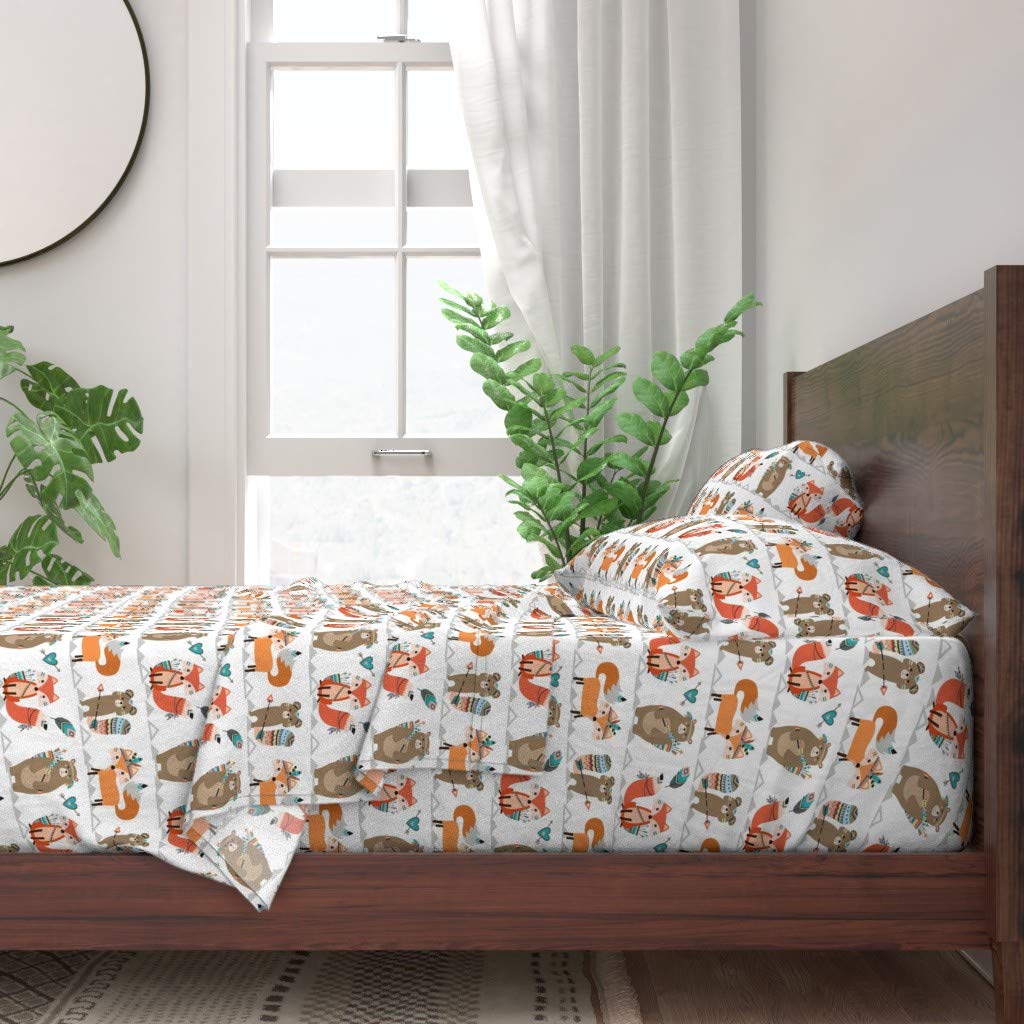 100% Cotton Queen 4-Piece Sheet Set | Woodland Tribal Nursery Arrow Fox Print | Gender Neutral Baby Bedding in White & Orange | Perfect for Kids' Rooms & Nursery Decor