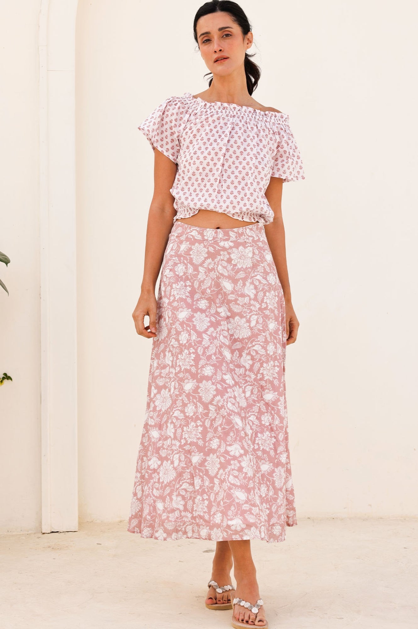 Ilana Printed Organic Cotton Top for Women | Lixus Flower White/Dusty Pink | Casual Wear, Summer Outfits, Boho Style
