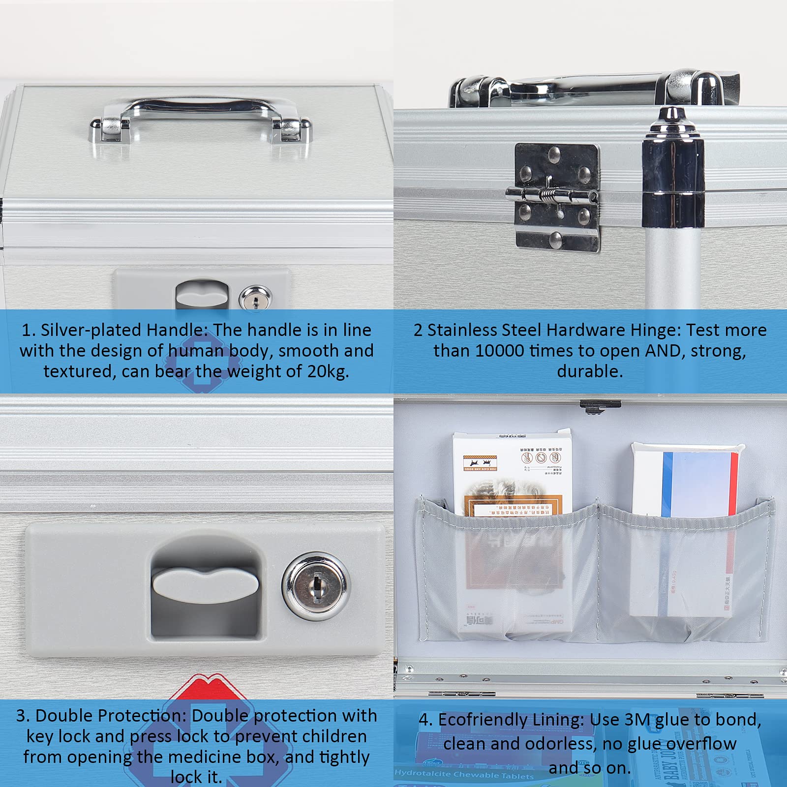 14 Inch Aluminum First Aid Kit with Removable Compartments & Security Lock - Portable Medical Storage Box for Camping, Hiking, Home & Emergency Preparedness (Silver)