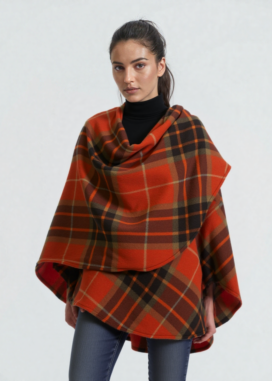 John Hanly Lambswool Cape - Orange Tartan Mix Plaid Wool Cape Coat | Warm Winter Shawl Wrap for Women | Perfect for Outdoor Activities, Travel & Holiday Parties