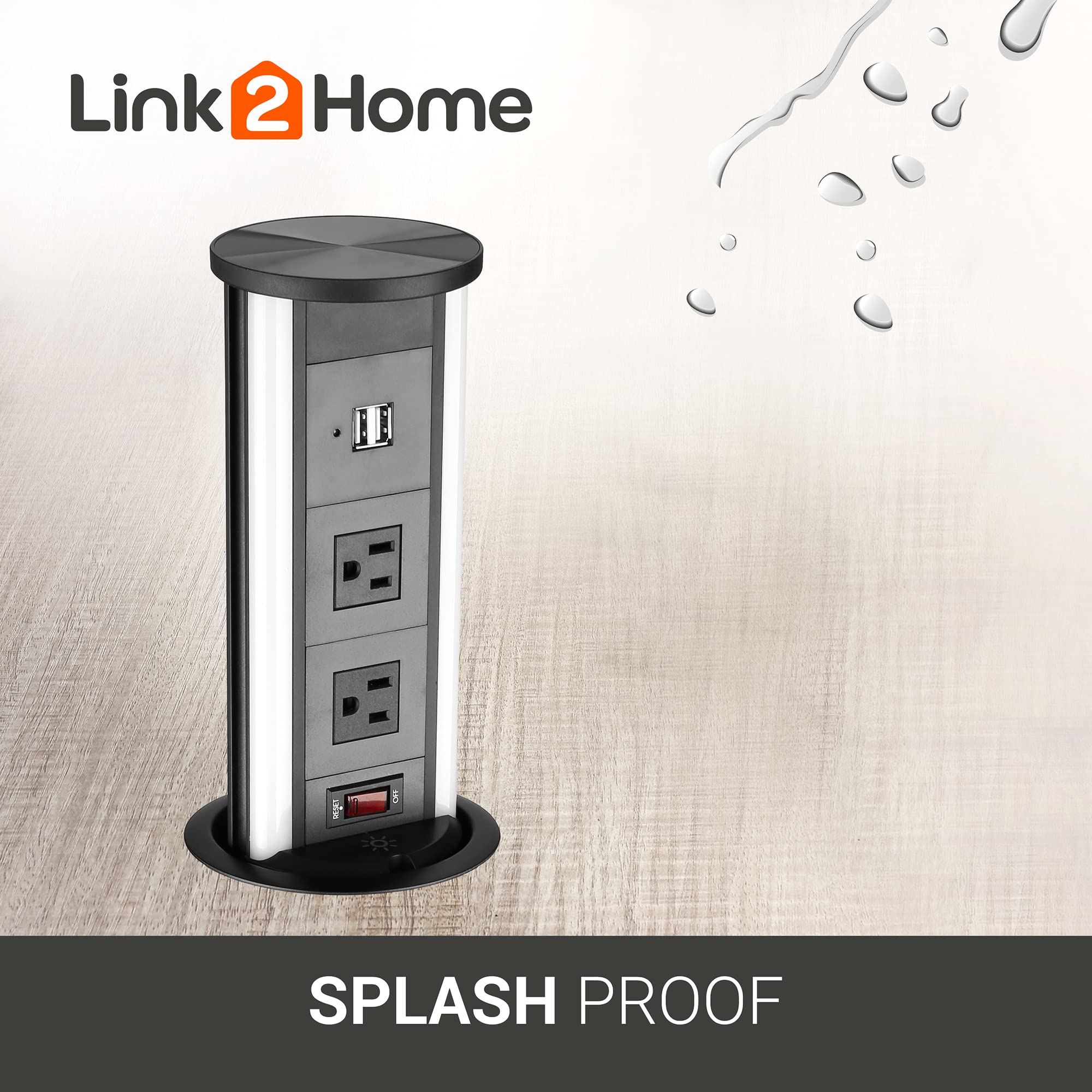 Link2Home Automatic Pop Up 10W Wireless Charging Station with 2 Power Outlets (15A) & 2 USB Ports (3.4A) - Splash Resistant, Black Anodized Finish - Perfect for Kitchen Counter, Office Desk, Workshop & Home Use