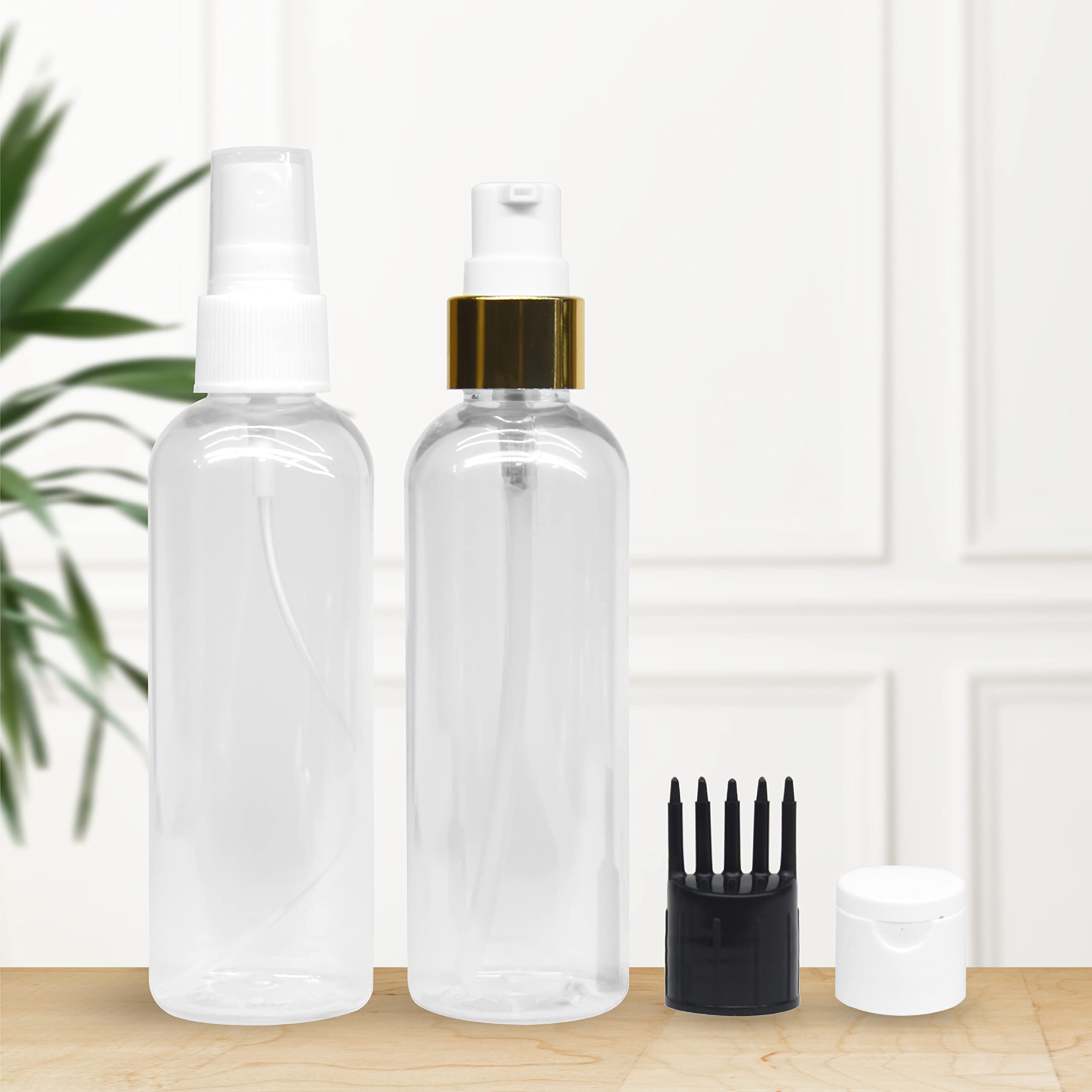 MAPPERZ 2-Pack Refillable Cylindrical Bottles Set - Includes 1 Pump Dispenser, 1 Spray Atomizer, 1 Root Comb Applicator & Flip Top Cap - Perfect for Perfume, Liquids, Shampoo, Body Wash - Travel & Home Use