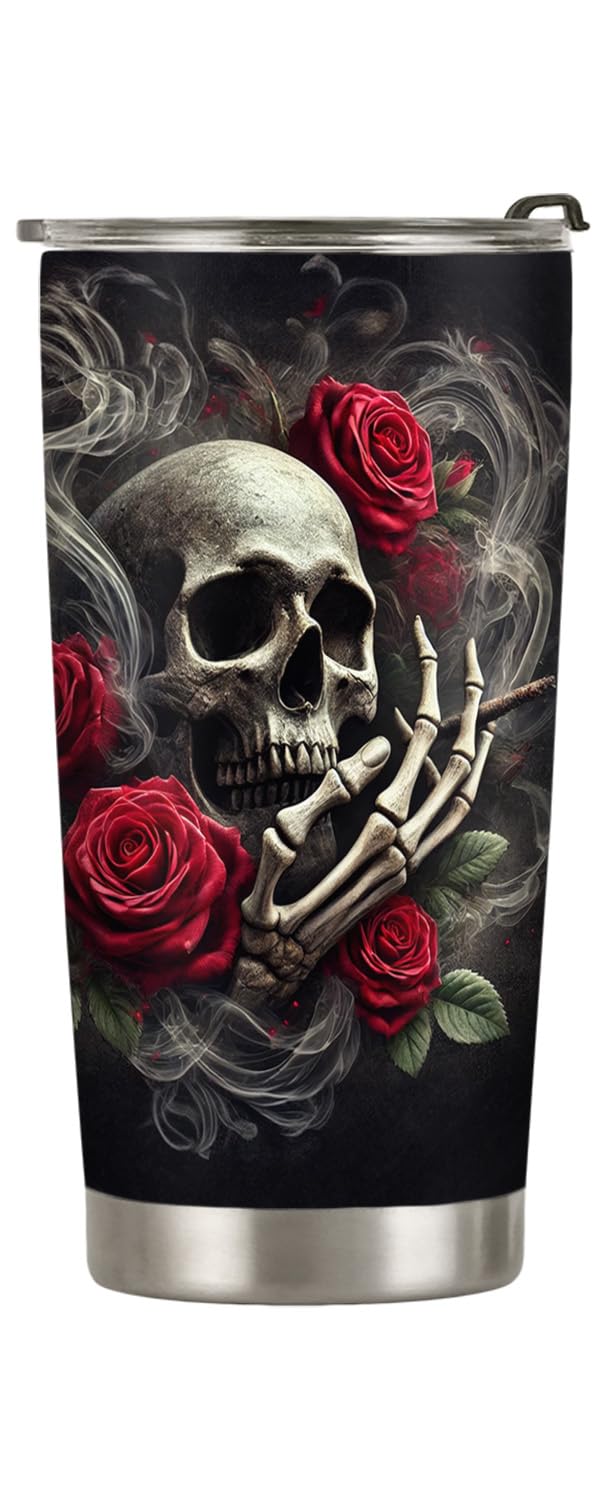 20oz Rose Skull Tumbler - Stainless Steel Vacuum Insulated Gothic Coffee Mug with Lid - Perfect Gift for Skull Lovers & Goth Aesthetic - Ideal for Hot/Cold Drinks at Home, Office or Travel