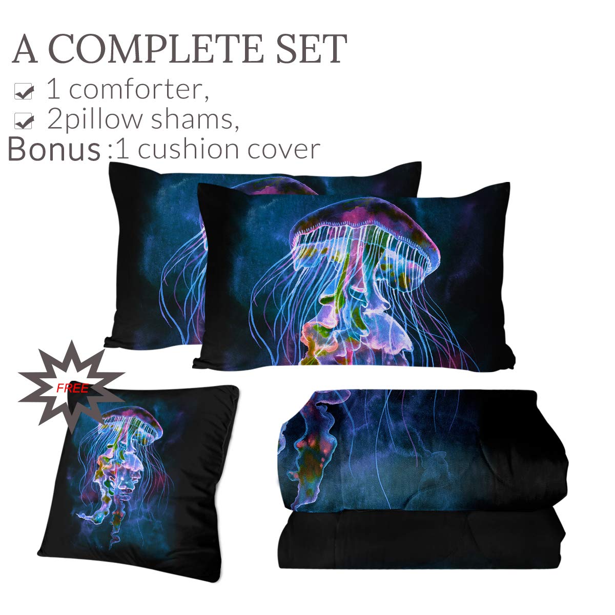 Sleepwish Ocean Creature 3D Kids Comforter Set - Neon Jellyfish Reversible Queen Size Bedding with 2 Pillow Shams & Cushion Cover | 4-Piece 3D Printed Bedding for Boys & Girls | Perfect for Kids' Rooms, Themed Bedrooms & Gift Giving