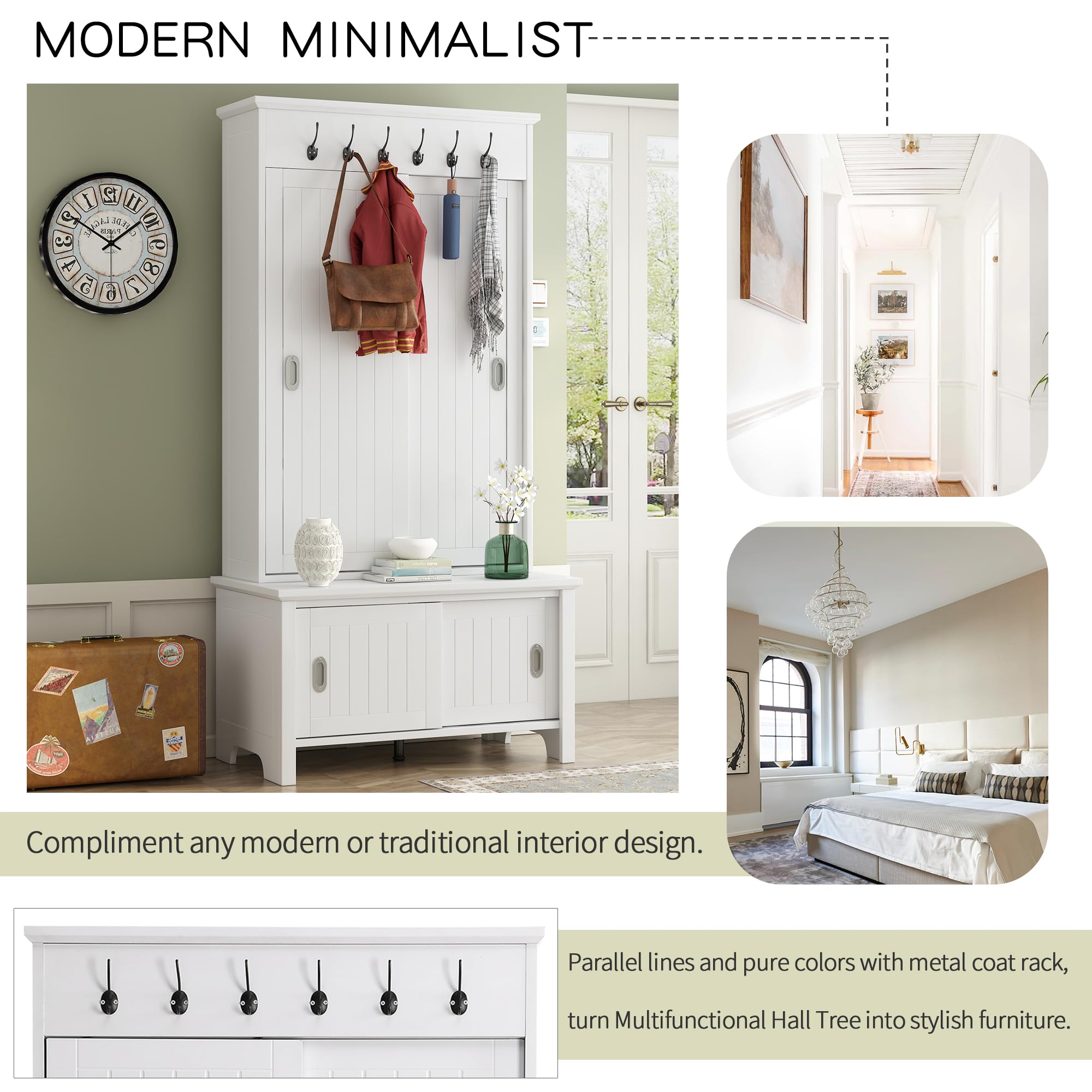 Merax Hall Tree with Storage Bench & Shelves - Multi-Functional Entryway Organizer with Shoe Cabinet & Coat Hooks - White - Perfect for Small Spaces, Mudrooms & Apartment Entryways
