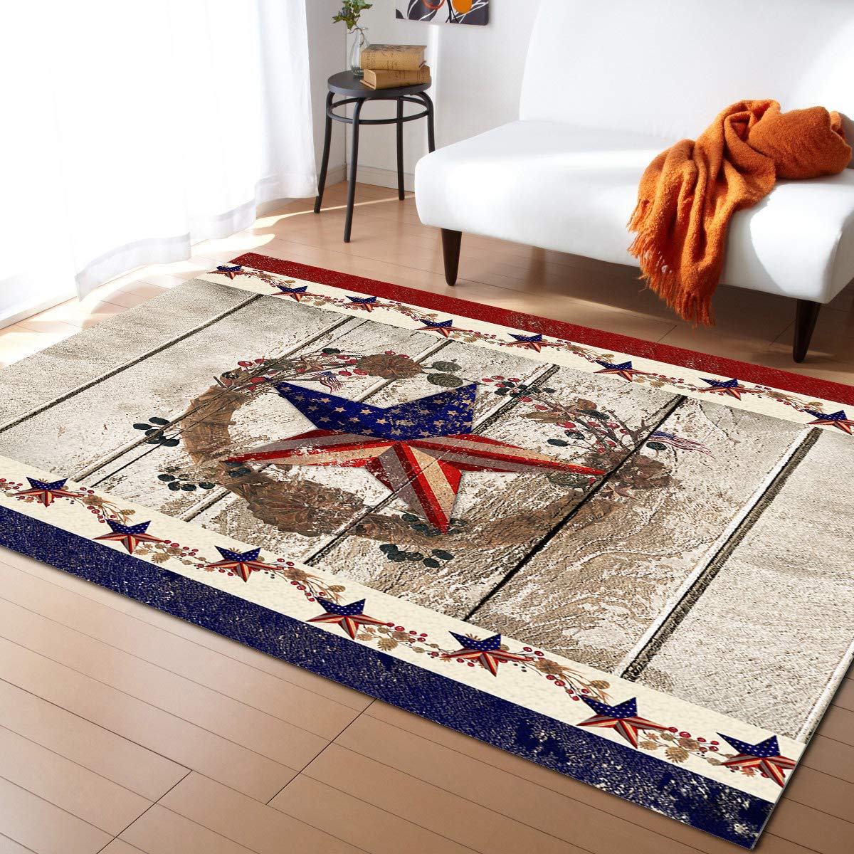 LBDecor 5x7ft Large Non-Slip Area Rugs - USA Flag Star Design for Living Room, Bedroom, Hallway | Indoor/Outdoor Rustic Decor | Perfect for 4th of July, Nursery & Home Decor