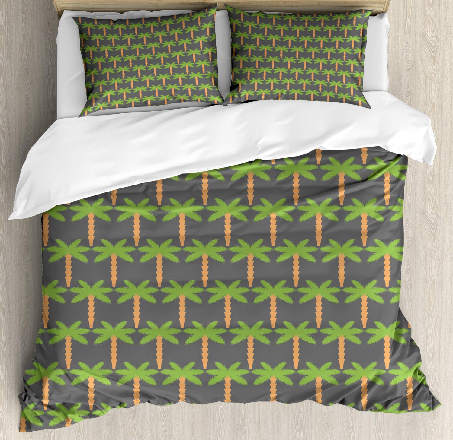 Ambesonne Exotic Duvet Cover Set - Tropical Palm Trees & Hawaiian Nature Design, 3 Piece Queen Size Bedding Set with 2 Pillow Shams in Grey Lime Green | Perfect for Beach House Decor, Boho Bedroom & Tropical Theme Bedrooms