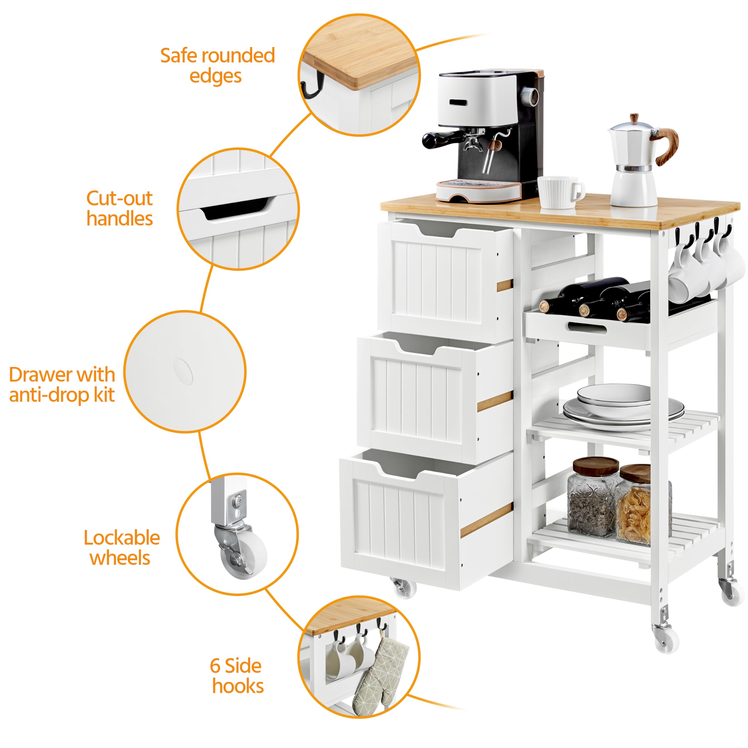 Yaheetech White Kitchen Island Cart with Bamboo Top - 3 Drawers & Shelves for Dining Room & Bar Storage