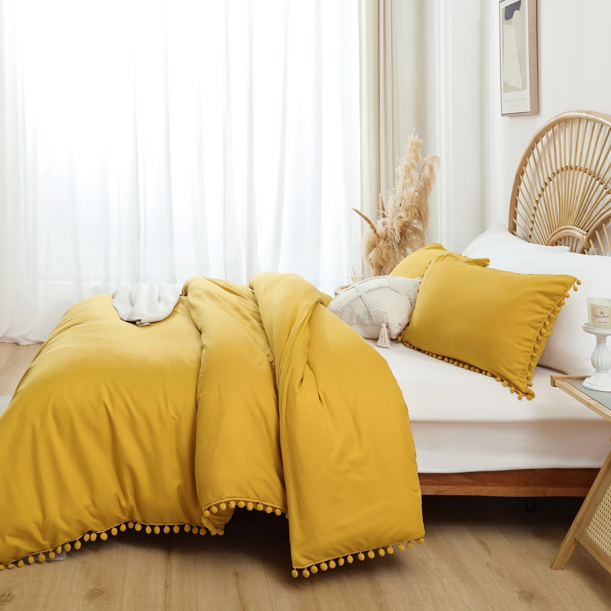 Queen Comforter Set with Pom Fringe - Soft All-Season Bedding for Cozy Nights - Mustard Yellow