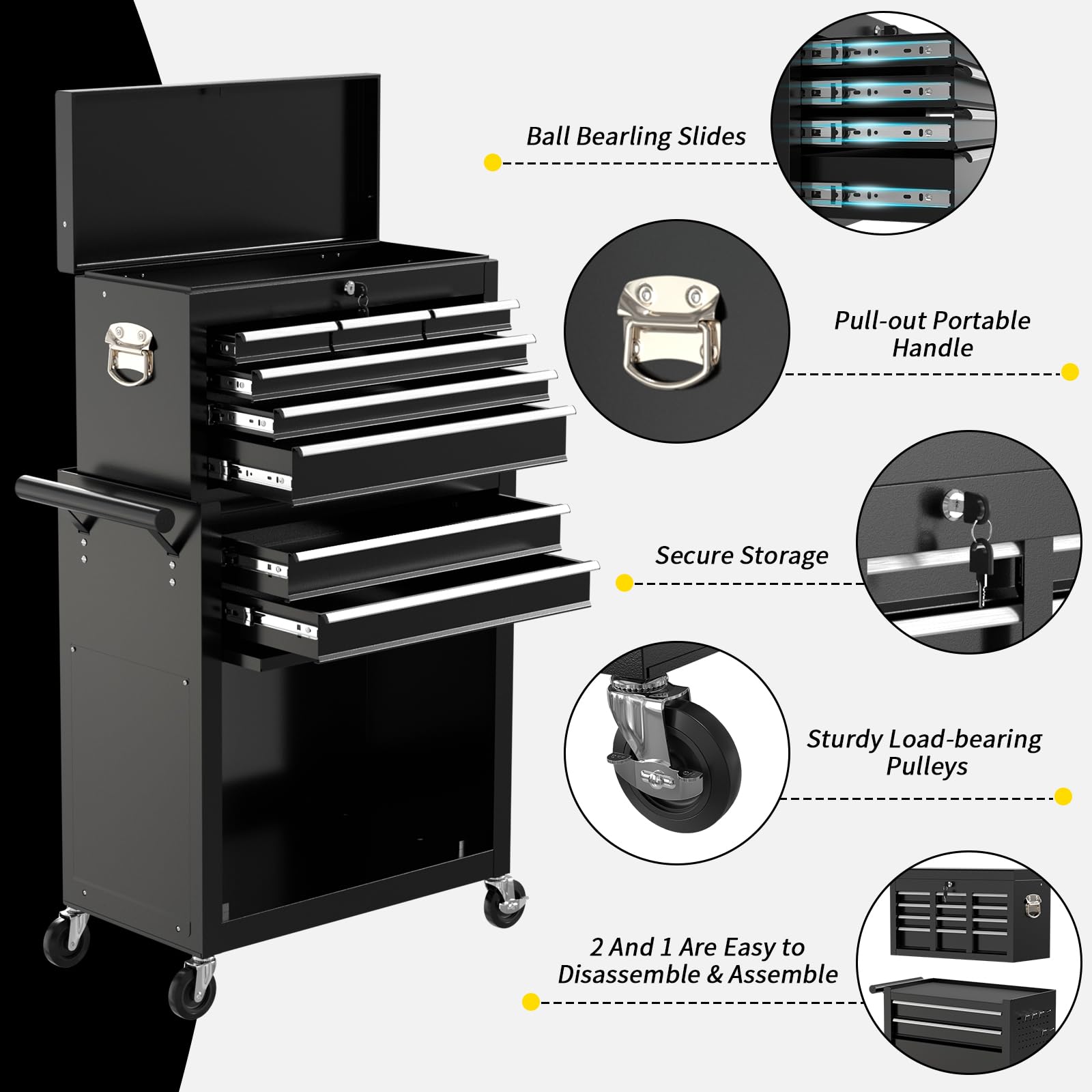 On Shine 8-Drawer Rolling Tool Chest - Heavy Duty Metal Tool Box with Wheels & Locking Mechanism, Large Capacity Sliding Drawer Storage for Garage, Workshop, or DIY Projects - Portable Mechanical Tool Organizer (Black)