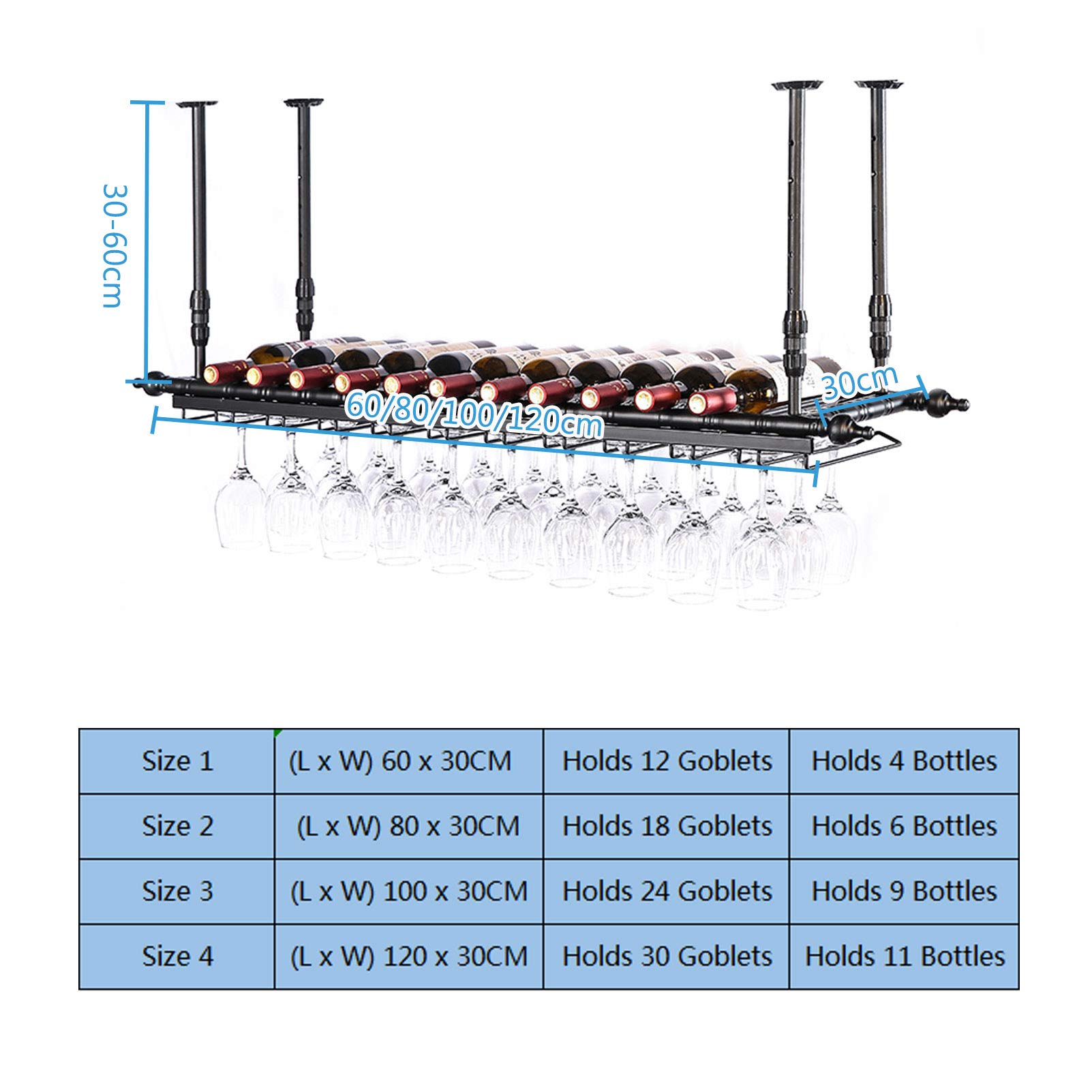 Adjustable Height Ceiling Mounted Floating Wine Rack - Bar Shelf with Glasses Holder for Wine Bottles Storage - Perfect for Restaurants, Cafes & Home Bars (Black)