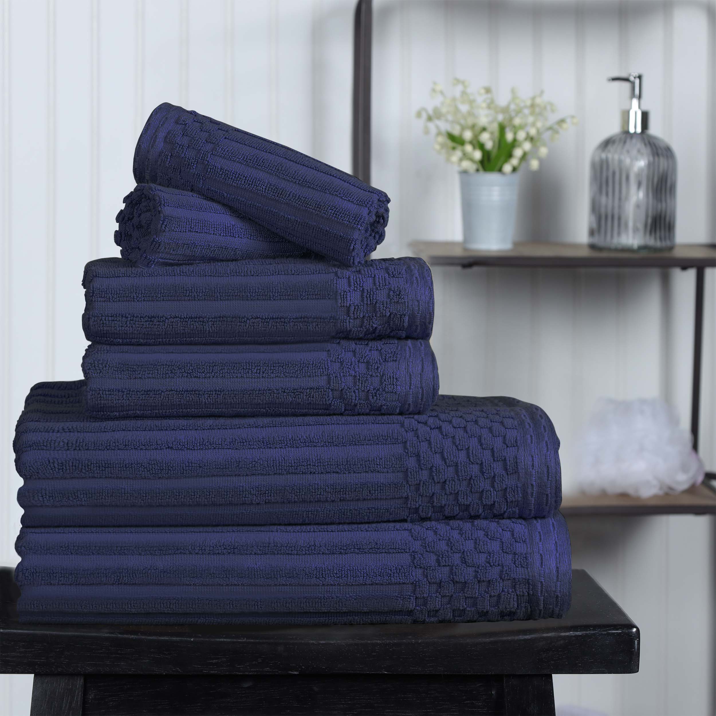 Premium 6-Piece Cotton Ribbed Textured Towel Set - Medium Weight, Soft & Absorbent Bath Towels for Spa, Gym, and Everyday Use