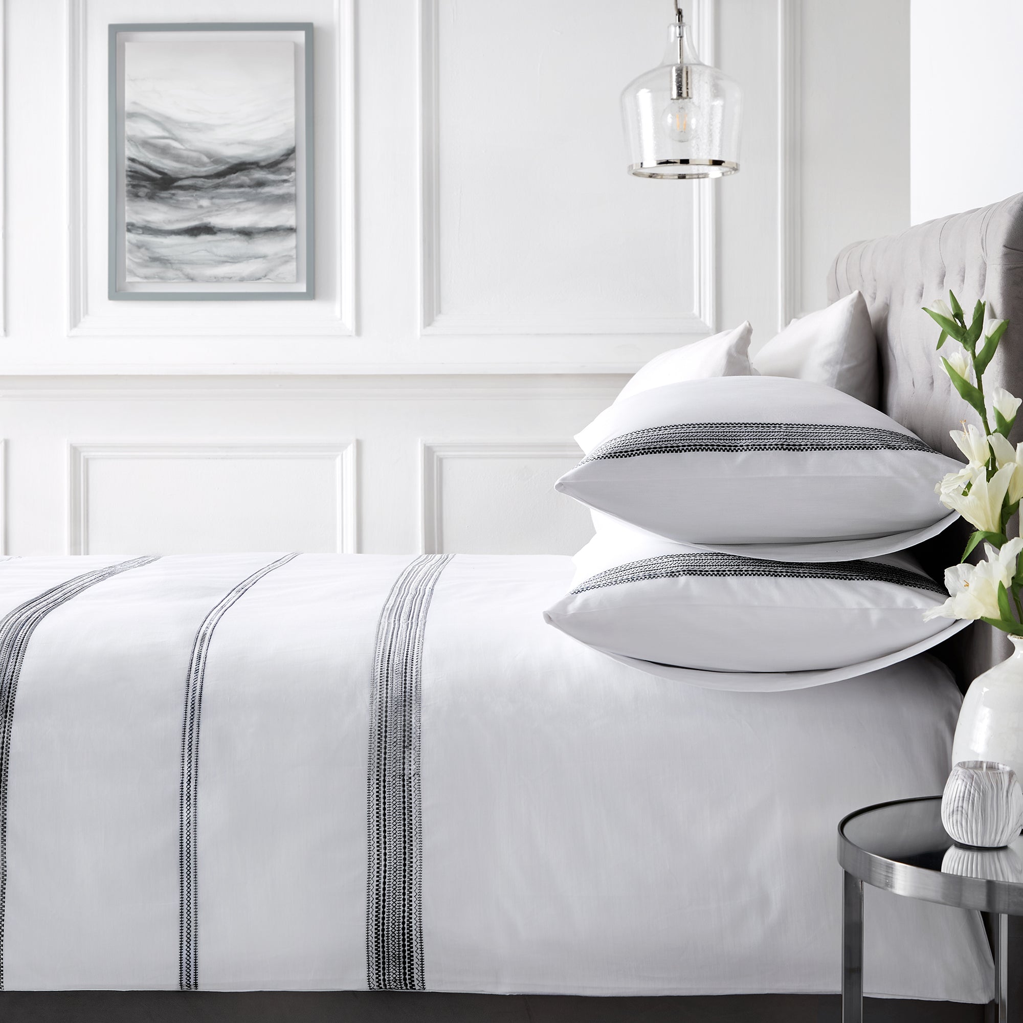Appletree Boutique Embroidered Bands Duvet Cover Set - Queen Size Black Bedding for Master Bedroom & Guest Room