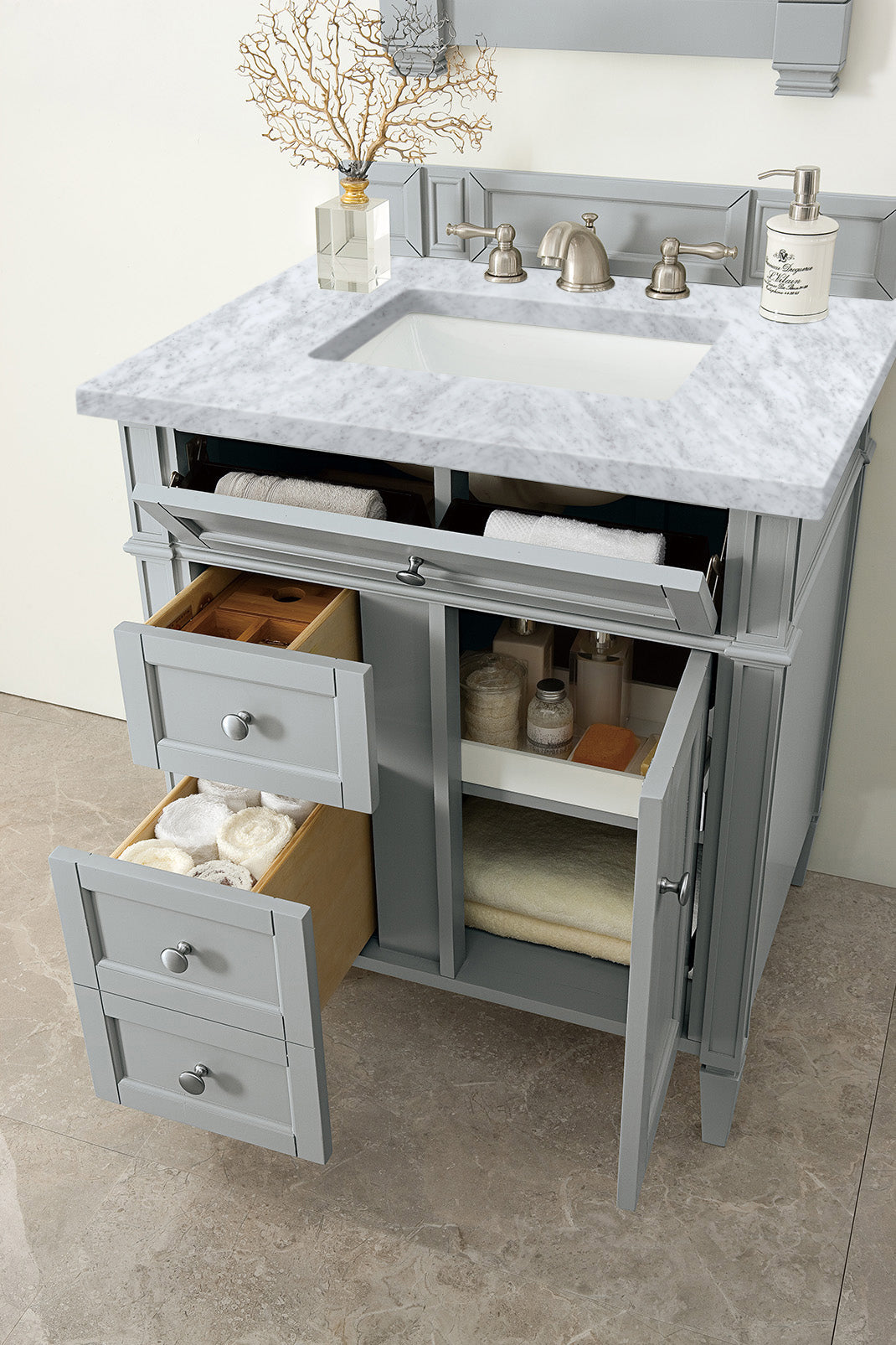 Brittany 30 Inch Single Bathroom Vanity with Carrara Marble Top in Urban Gray - Perfect for Modern Master Bathrooms & Powder Rooms