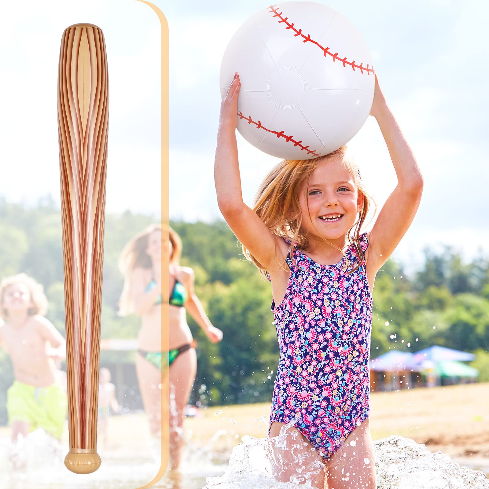 Lewtemi Set of 6 Inflatable Beach Baseball Toys - 2 Pcs 11 Inch Beach Balls & 4 Pcs Inflatable Bats for Kids Pool Games, Backyard Fun, Birthday Parties (Light Brown) - Perfect for Summer Outdoor Activities and Water Play