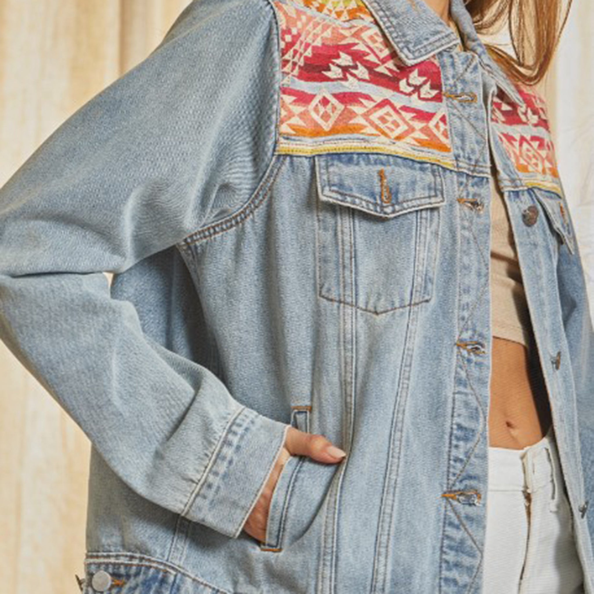 Andree Unit Women's Denim Aztec Jacket - Stylish Distressed Denim Jacket with Aztec Print for Casual Outfits & Boho Fashion | Perfect for Fall Layering, Music Festivals, and Everyday Streetwear