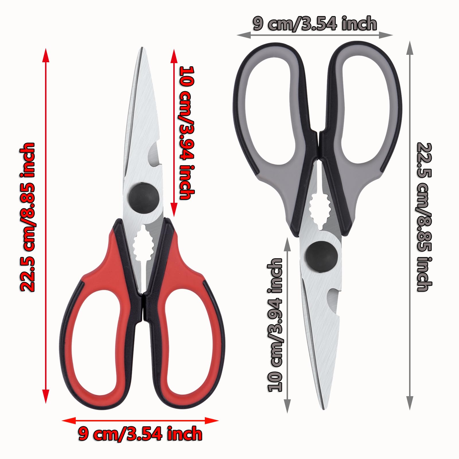 Premium Left-Handed Kitchen Shears - Heavy Duty Stainless Steel Meat & Poultry Scissors for Cooking, Food Prep & Crafting - 2-Pack (Black/Red & Black/Gray) - Perfect for Cutting Herbs, Trimming Fat, Opening Packages & DIY Projects